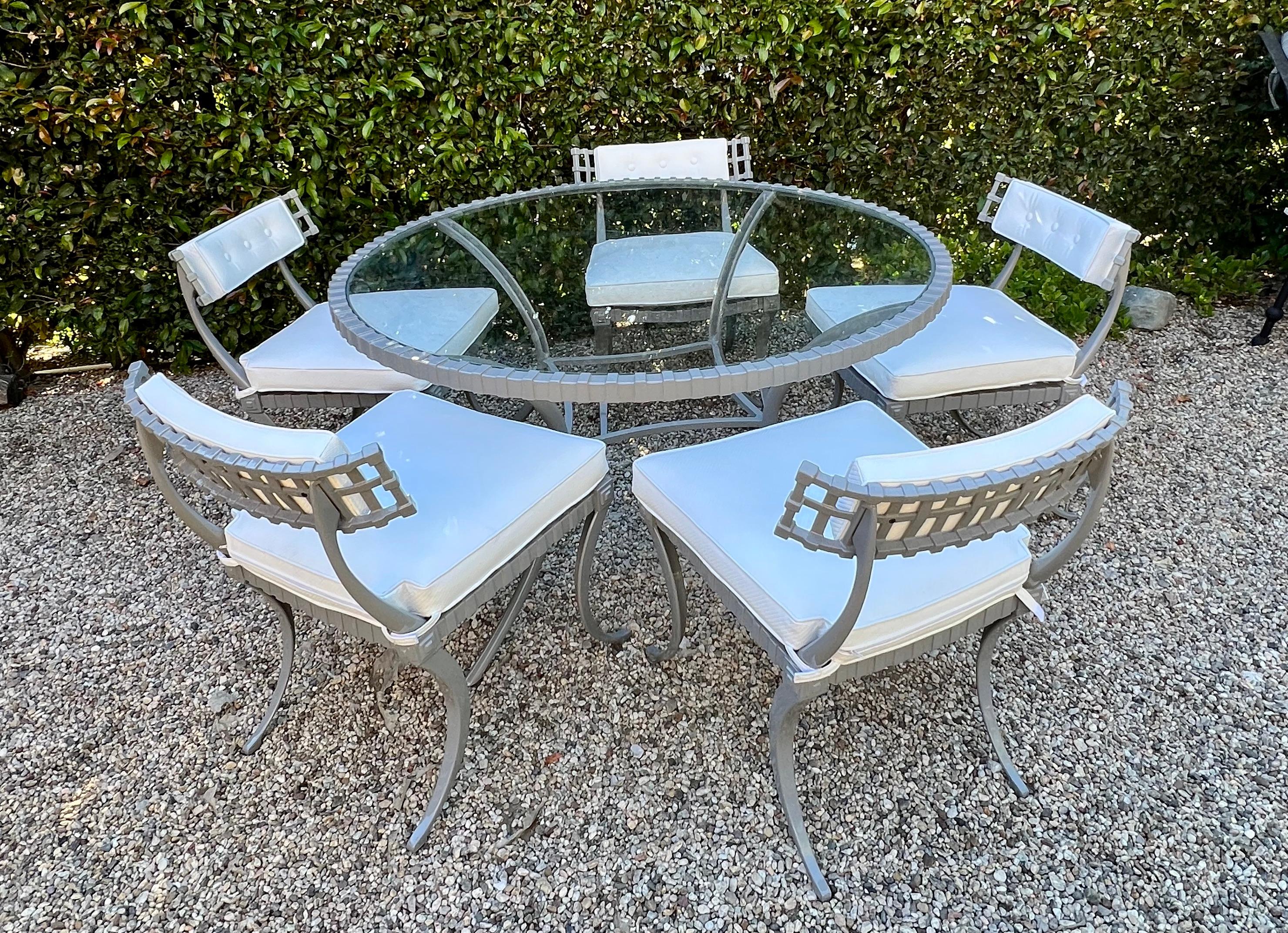 Thinline Mid-Century Table and Five Klismos Chairs in Gray and White For Sale 1