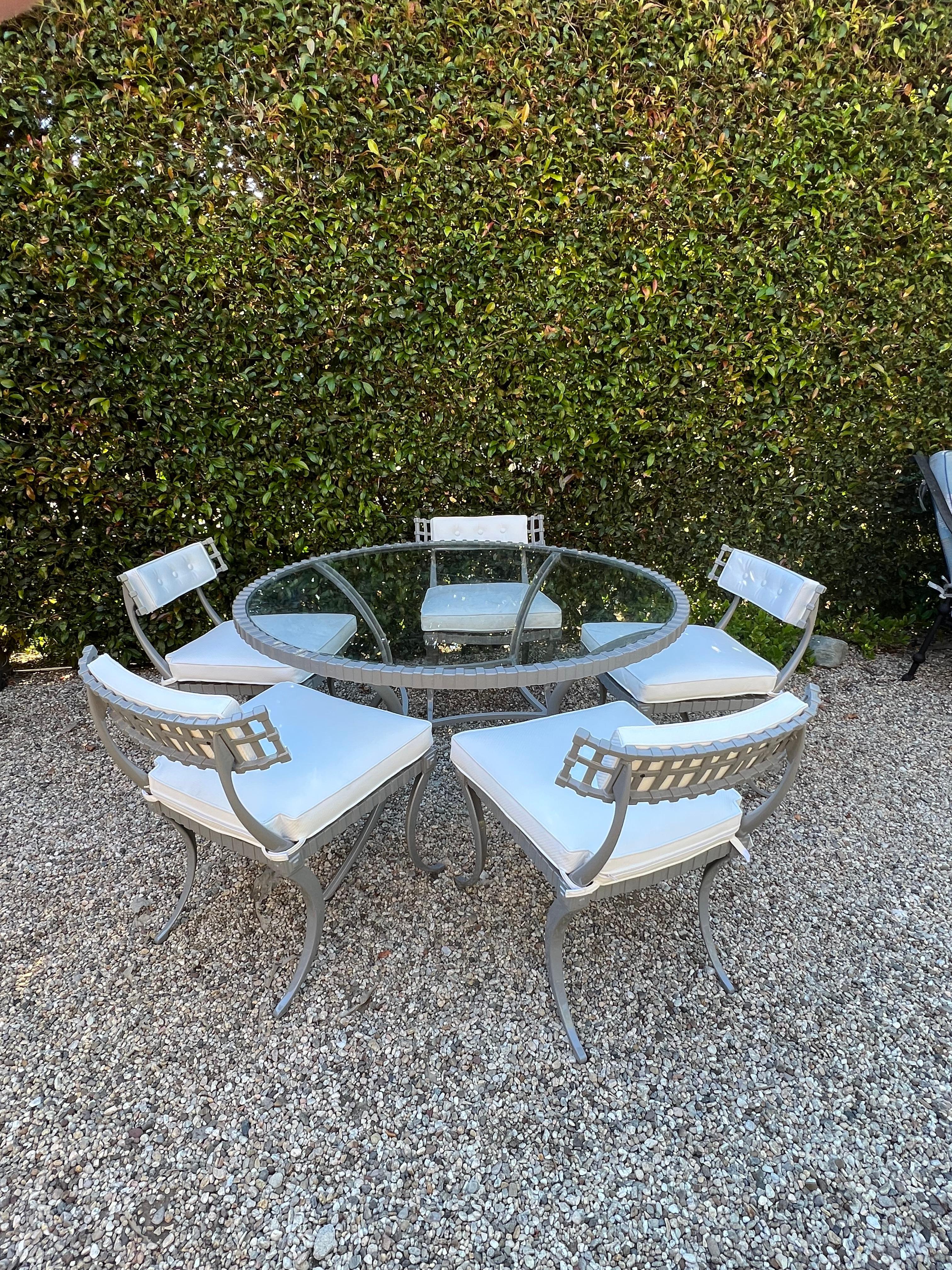 Thinline Mid-Century Table and Five Klismos Chairs in Gray and White 2