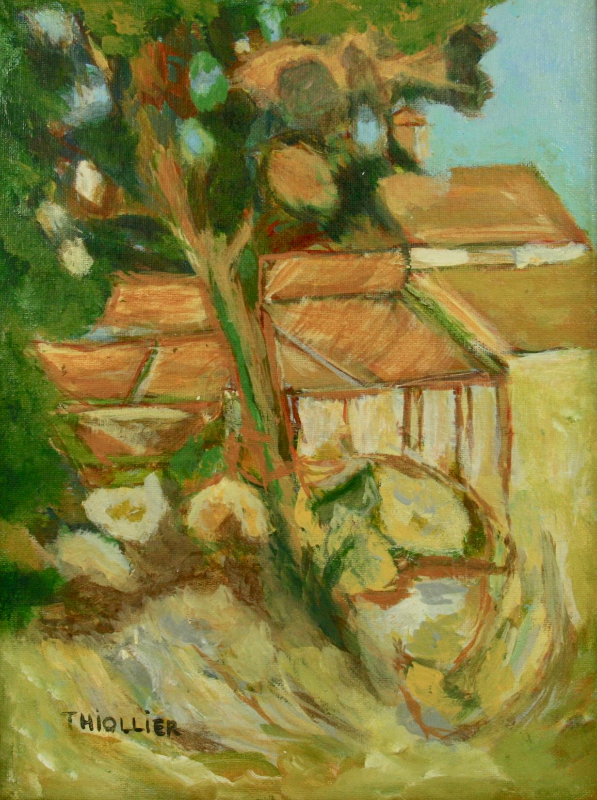 Peinture de paysage de village français impressionniste américaine vintage 1970 - Painting de Thiollier 