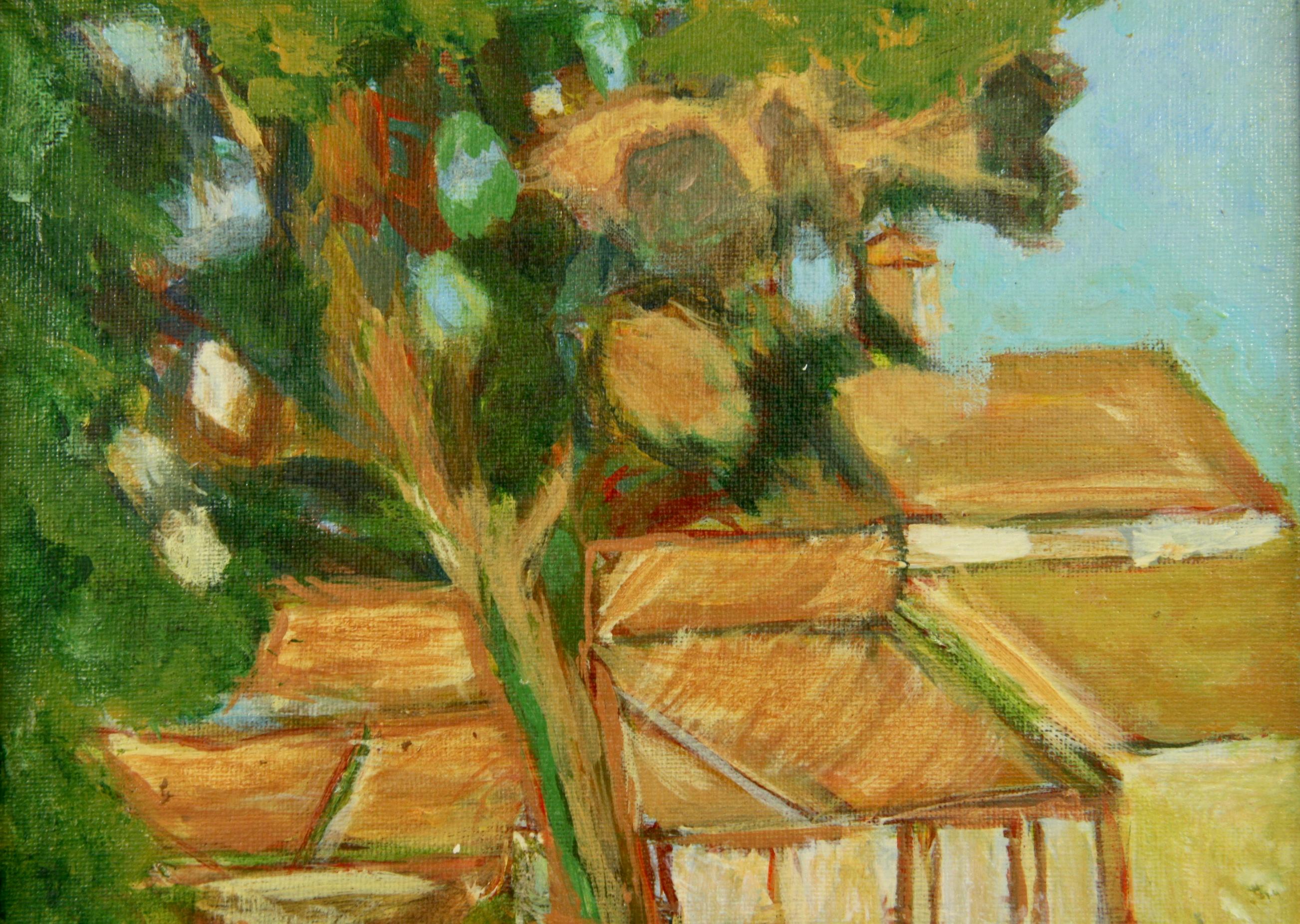 Peinture de paysage de village français impressionniste américaine vintage 1970 en vente 2