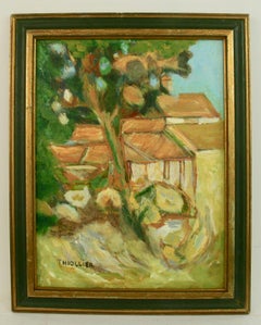 Peinture de paysage de village français impressionniste américaine vintage 1970