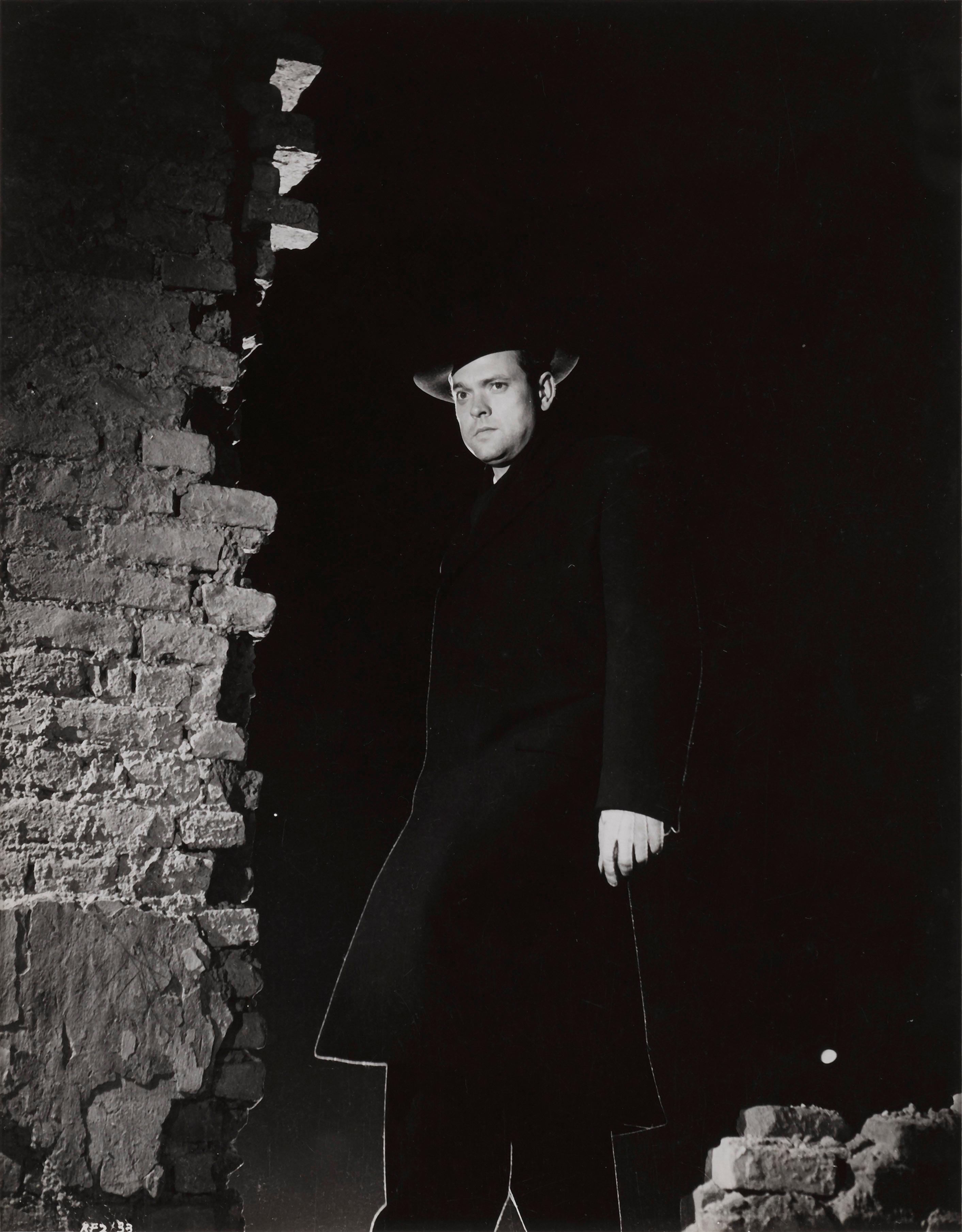 Original British black and white photographic production still for The Third Man,
1949. The stills were sent out to newspapers to advertise the film in 1949.
This still features an atmospheric image of Orson Welles in the Classic thriller.
This