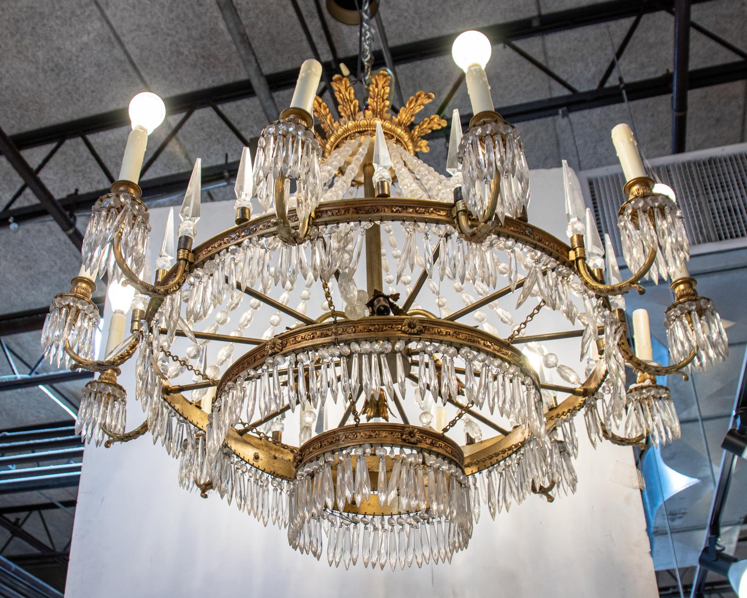 Thirteen Arm Crystal and Bronze Three Tier Chandelier For Sale 3