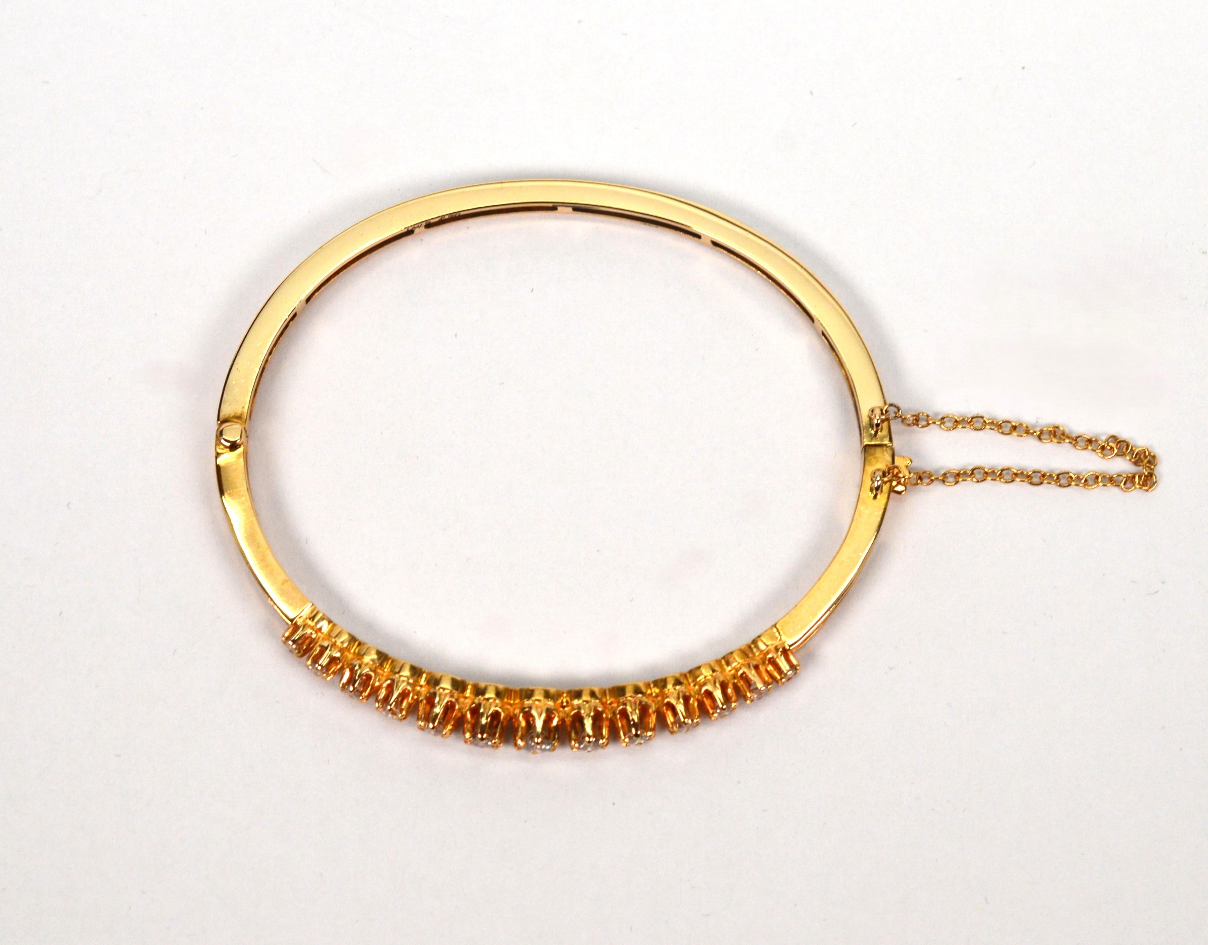 Round Cut Thirteen Diamond 14 Karat Yellow Gold Bangle Bracelet For Sale