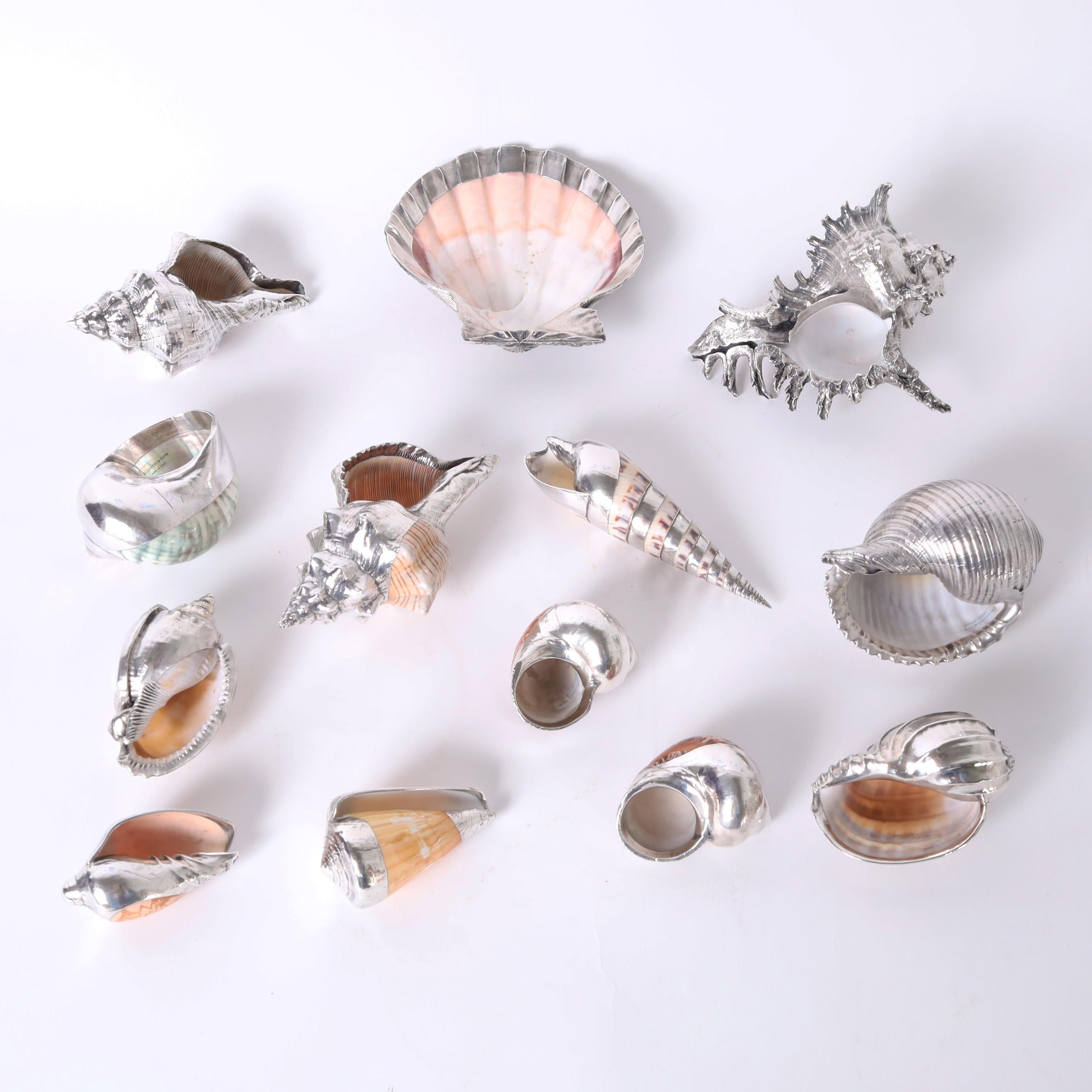 Enticing group of thirteen vintage seashells representing exotic species enhanced with silver plate. Signed Ruzzetti and Gow Italy.

Sizes range from:

H: 3 W: 2 D: 3 
H: 6 W: 6 D: 1