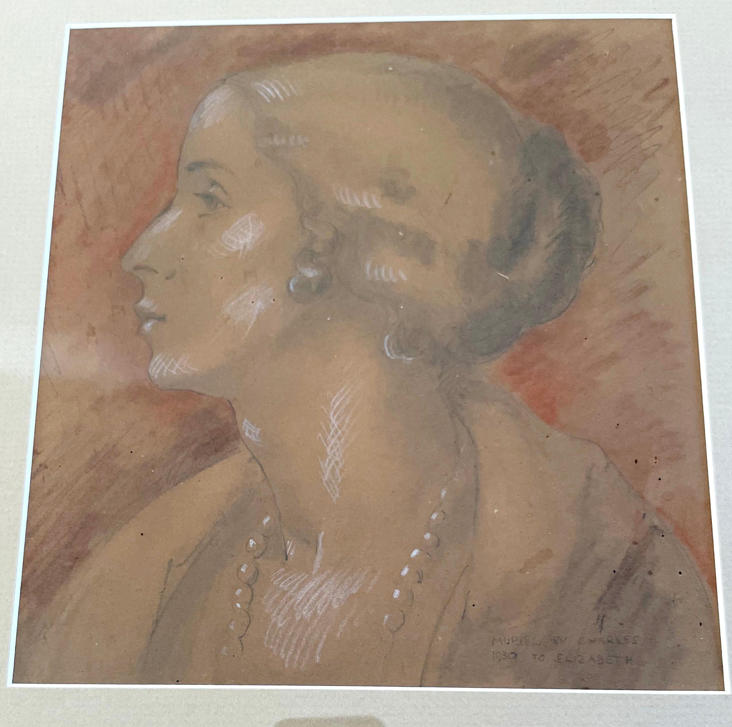 Portrait de femme des années 30. Dessin à la craie dans son cadre original en argent doré et sculpté 