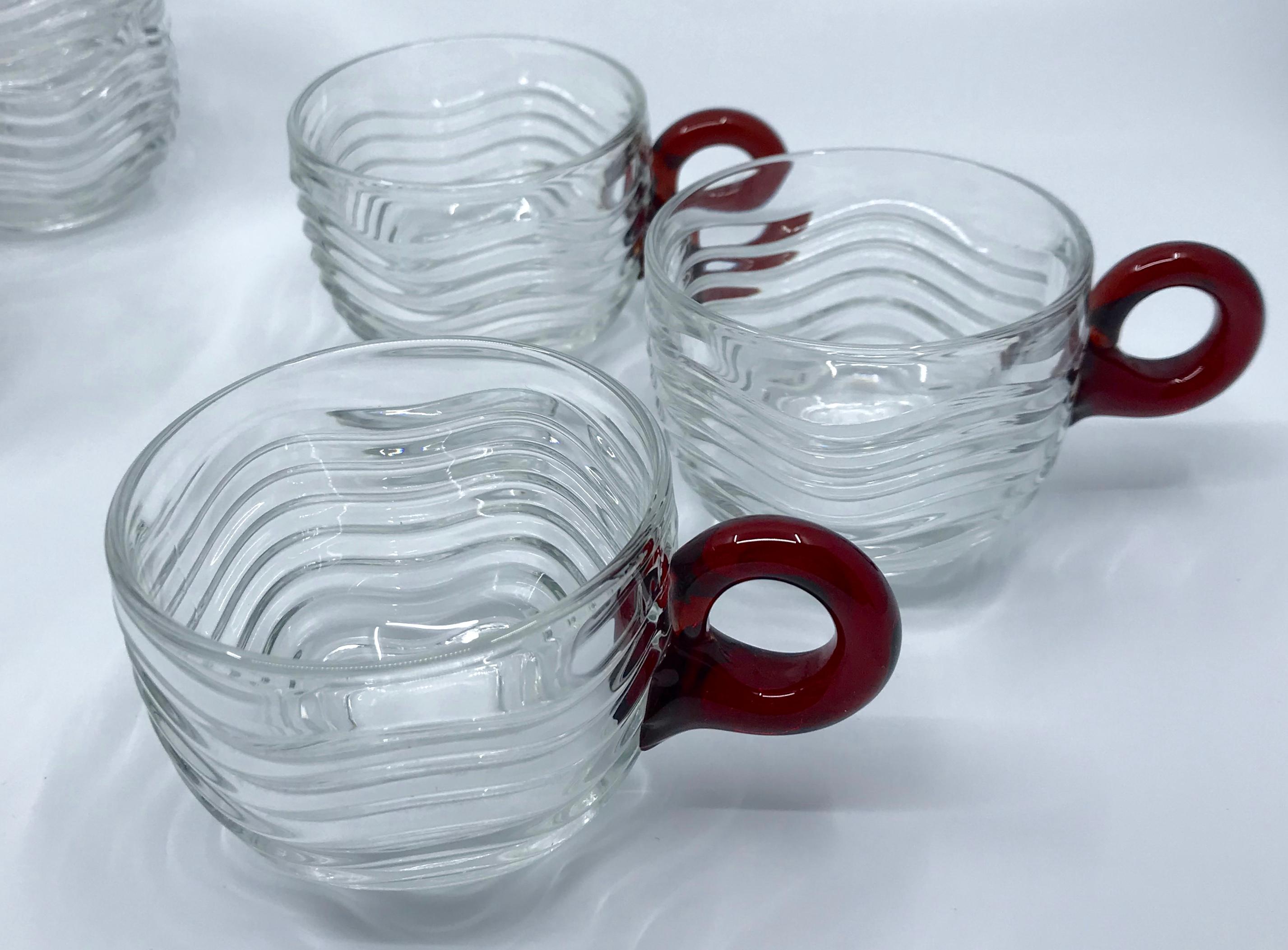 1930s Valentine Red and Clear Glass Deco Punch Bowl Set In Good Condition In New York, NY