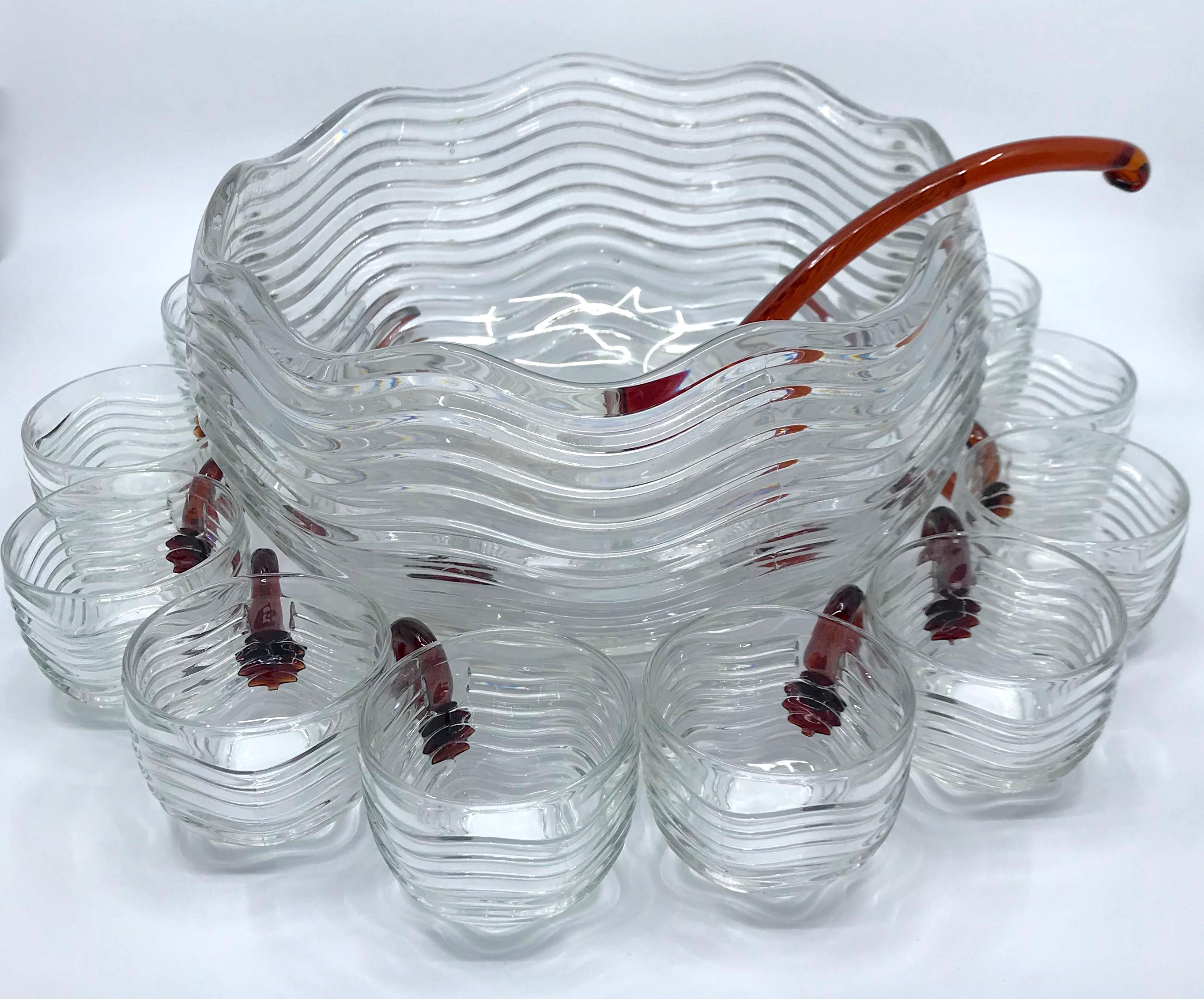 Mid-20th Century 1930s Valentine Red and Clear Glass Deco Punch Bowl Set