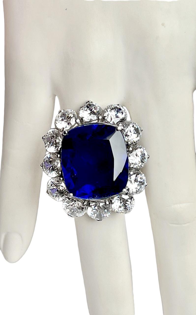 Thirty Carat Royal Blue Sapphire Diamond Costume Jewelry Cluster Ballerina Ring
Magnificent Royal Blue Manmade  Sapphire and Lab CZ Diamond Winston Style Cluster Cocktail ring set in  platinumised sterling silver, hand-made and very