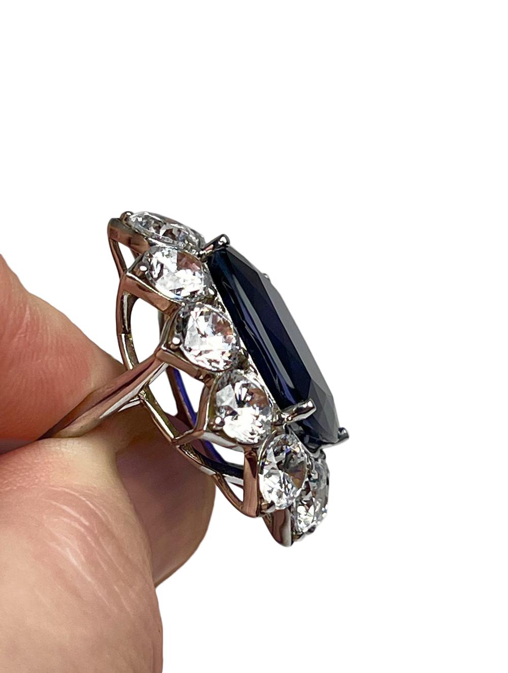 Art Deco Thirty Carat Royal Blue  Costume Jewelry Sapphire DiamondCluster Ballerina Ring For Sale