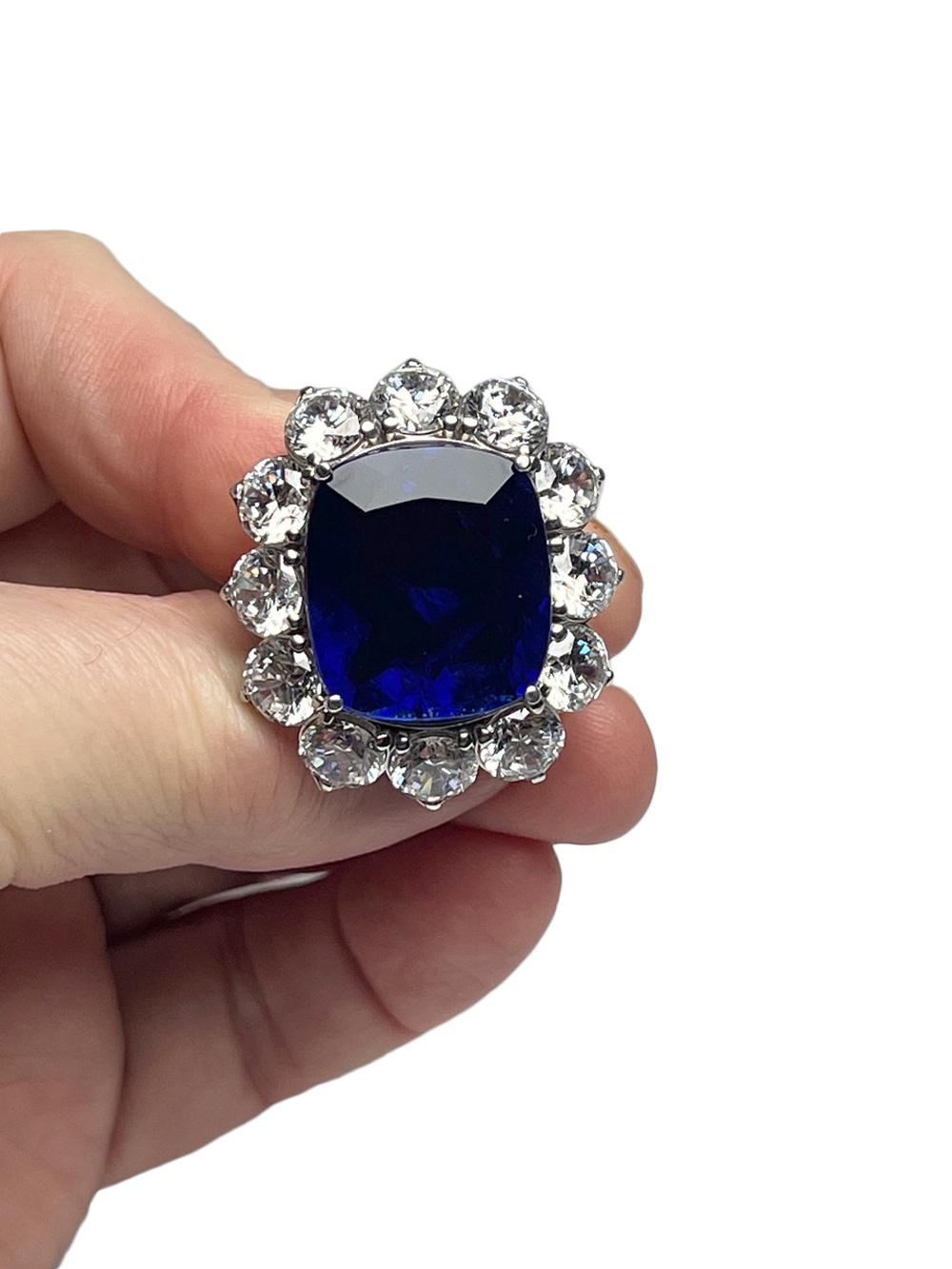 Antique Cushion Cut Thirty Carat Royal Blue  Costume Jewelry Sapphire DiamondCluster Ballerina Ring For Sale