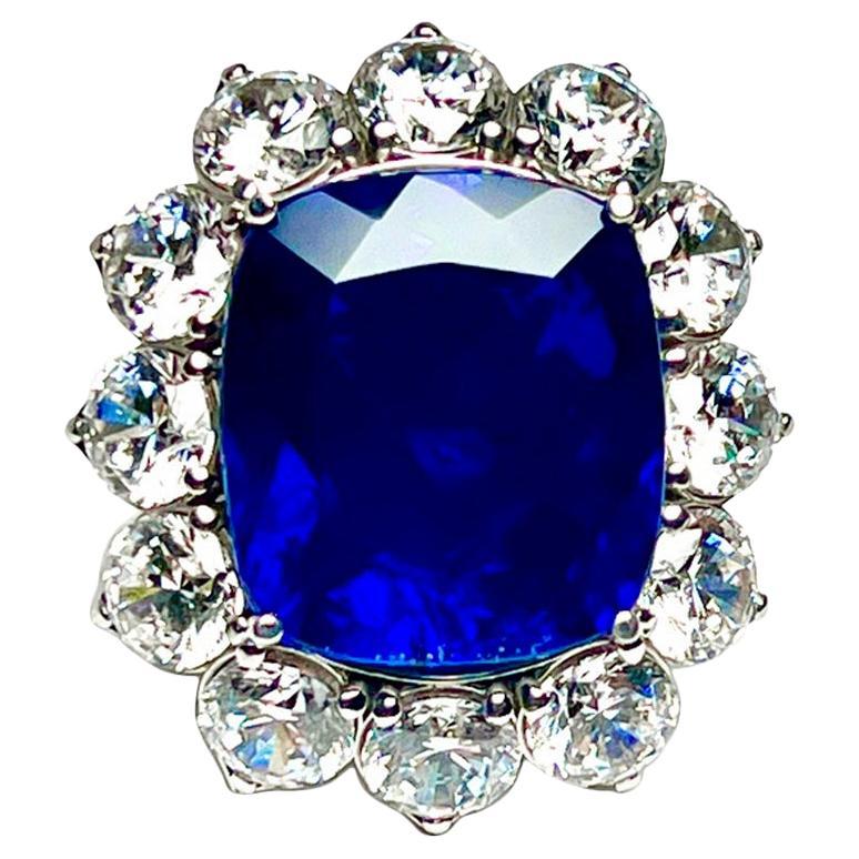 Thirty Carat Royal Blue Sapphire Diamond Costume Jewelry Cluster Ballerina Ring