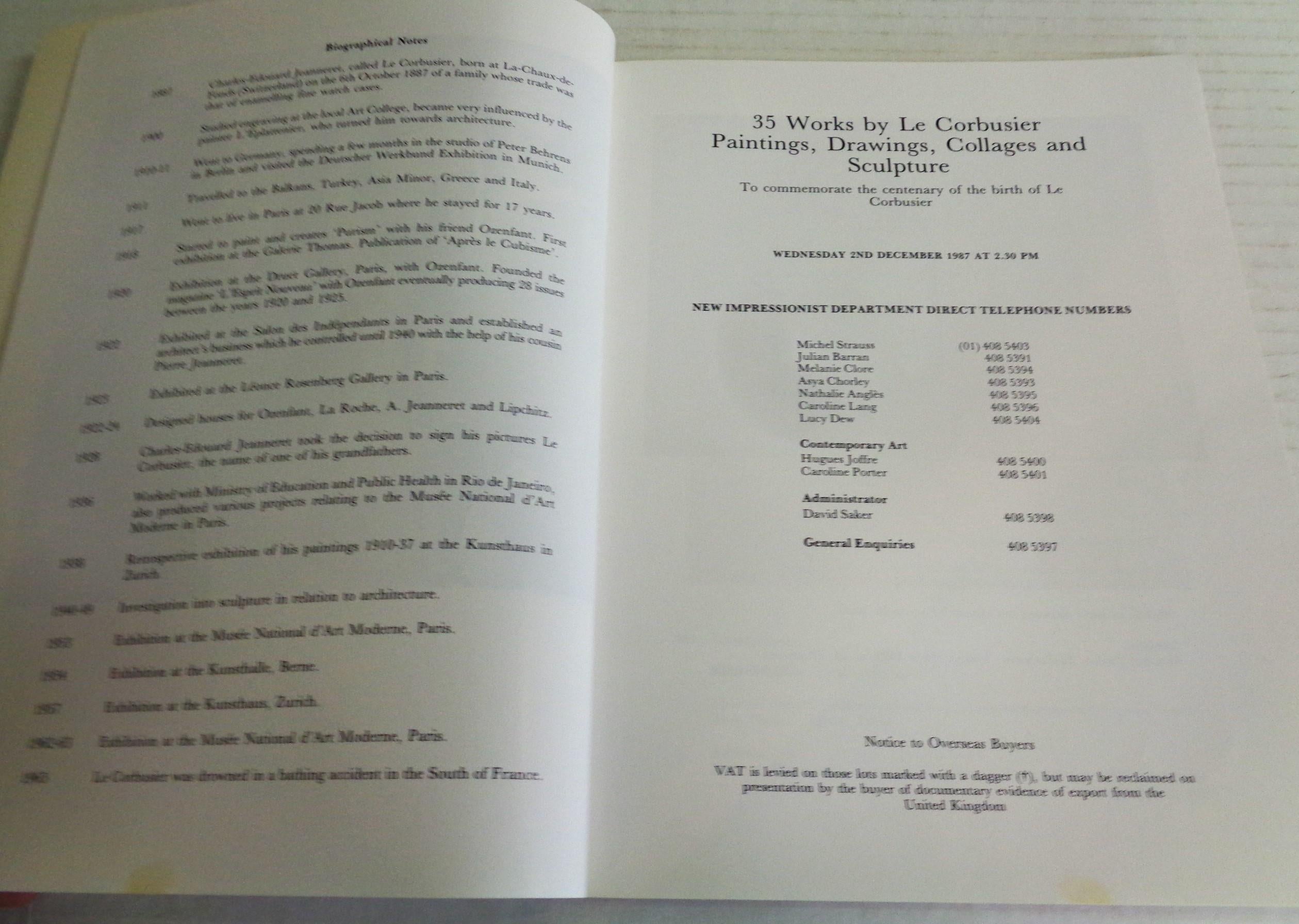 Papier Trente-cinq œuvres de Le Corbusier : 1987 Sotheby's, Londres - Catalogue de la vente aux enchères en vente