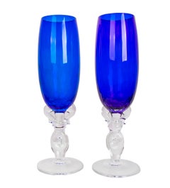Thirty-Four Murano Glass Wine and Champagne Glasses in Blue Colour
