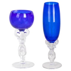 Thirty-Four Murano Glass Wine and Champagne Glasses in Blue Colour