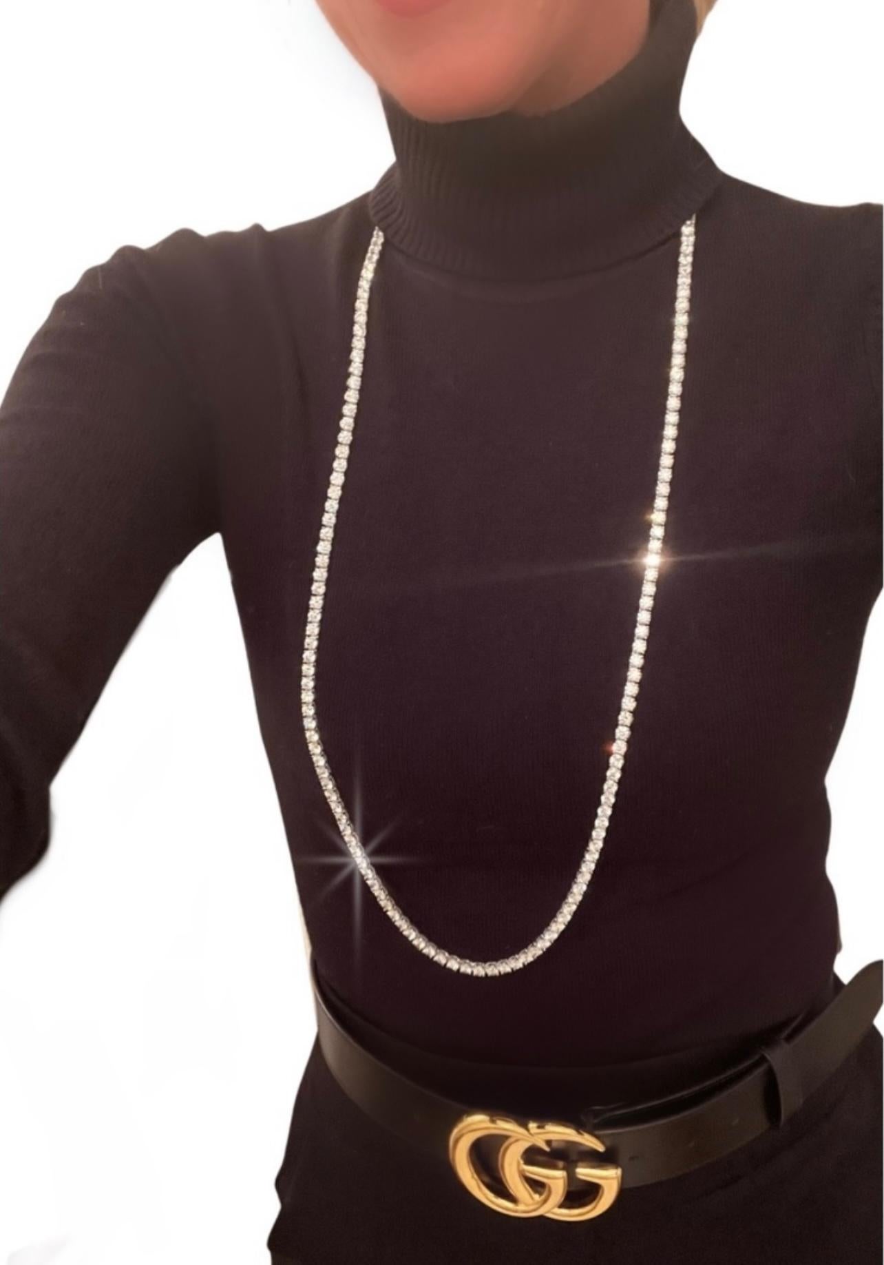 When only the best will do, 169 diamonds make up this outstanding 84.53 cttw. straight line necklace.  Thirty six inches of carefully selected diamonds matching in size, color and clarity.  Each diamond averages .50 carat and 4.89 mm.  They are G-H