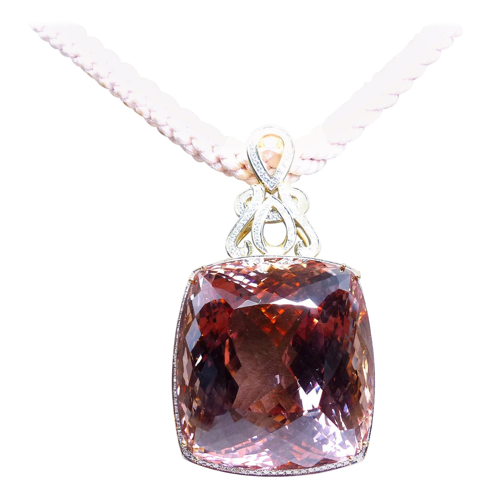 Yellow Gold 268, 78ct Morganite + Diamonds Pendant For Sale