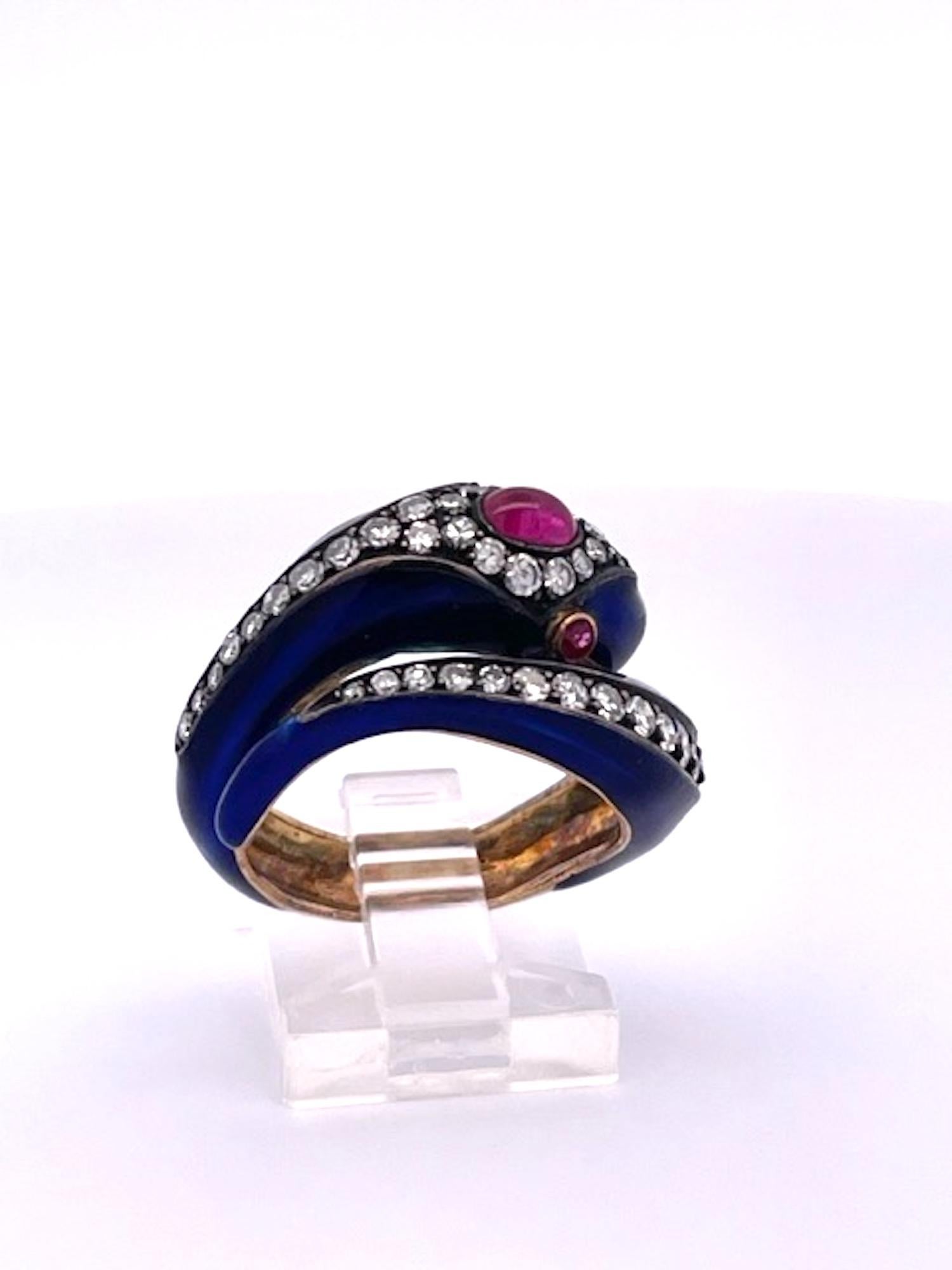 Artisan This 18K Snake Ring Cobalt Blue Enamel Rubies Diamonds  For Sale