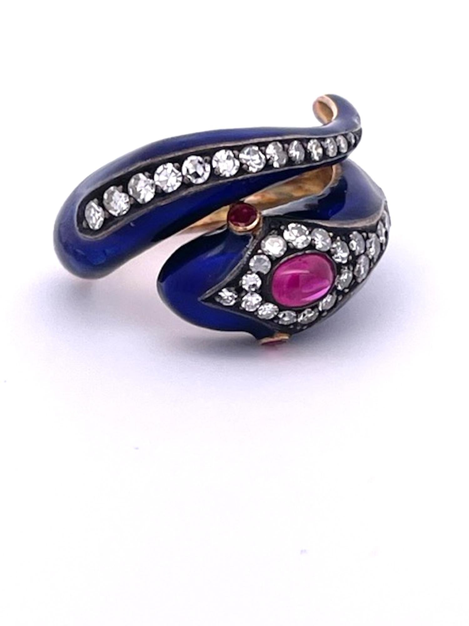 Round Cut This 18K Snake Ring Cobalt Blue Enamel Rubies Diamonds  For Sale