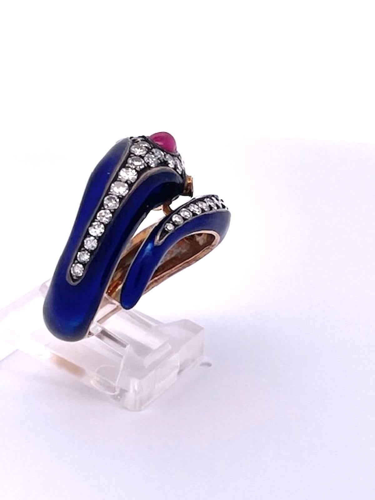 This 18K Snake Ring Cobalt Blue Enamel Rubies Diamonds  In Good Condition For Sale In North Hollywood, CA