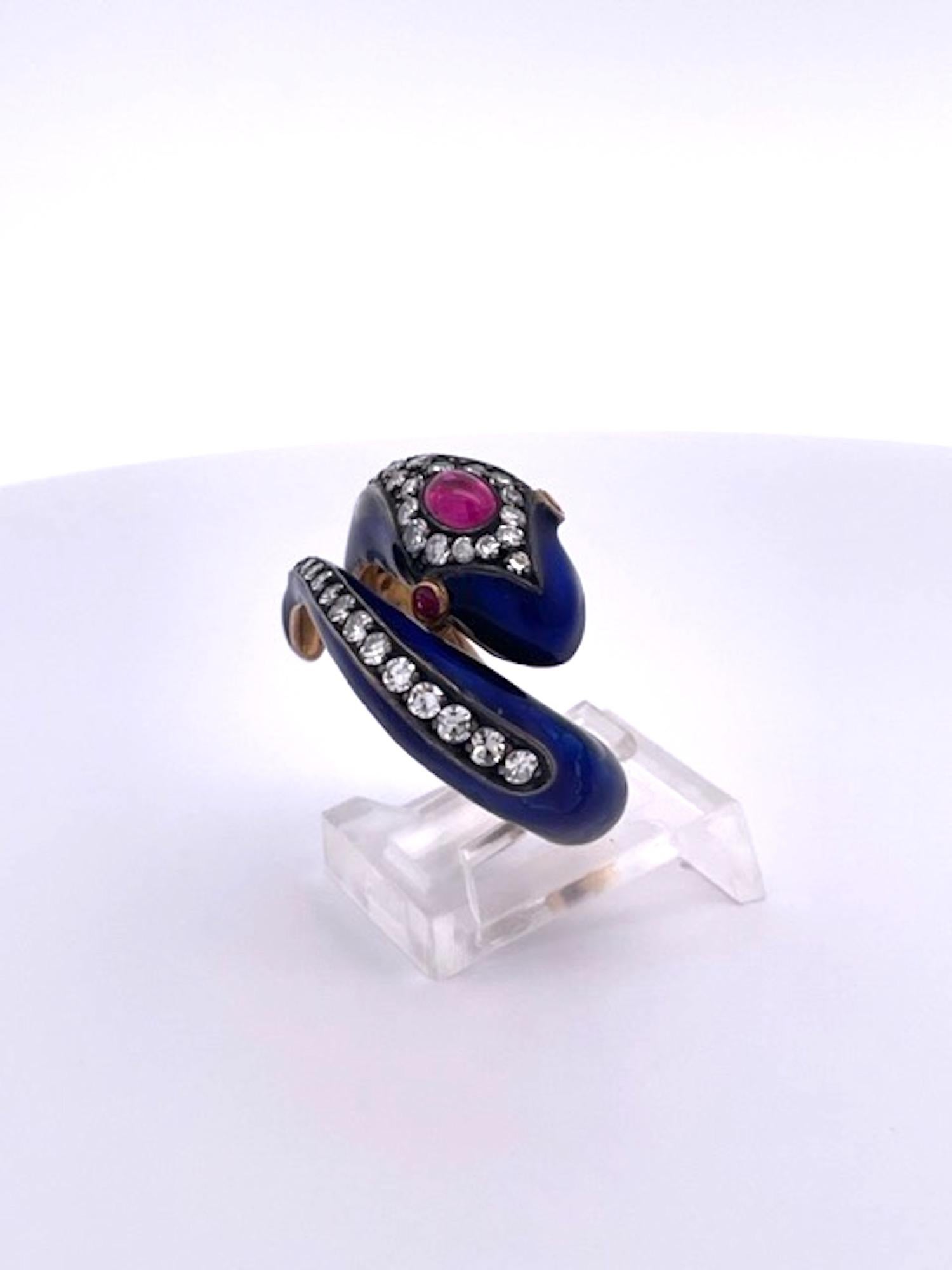 Women's or Men's This 18K Snake Ring Cobalt Blue Enamel Rubies Diamonds  For Sale