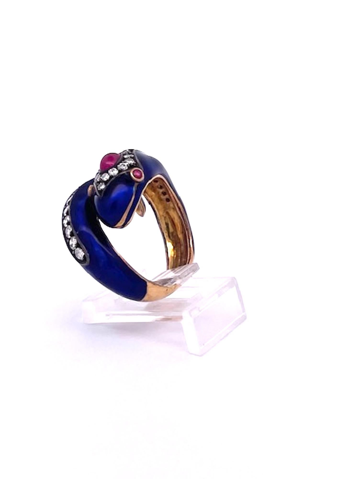 This 18K Snake Ring Cobalt Blue Enamel Rubies Diamonds  For Sale 1