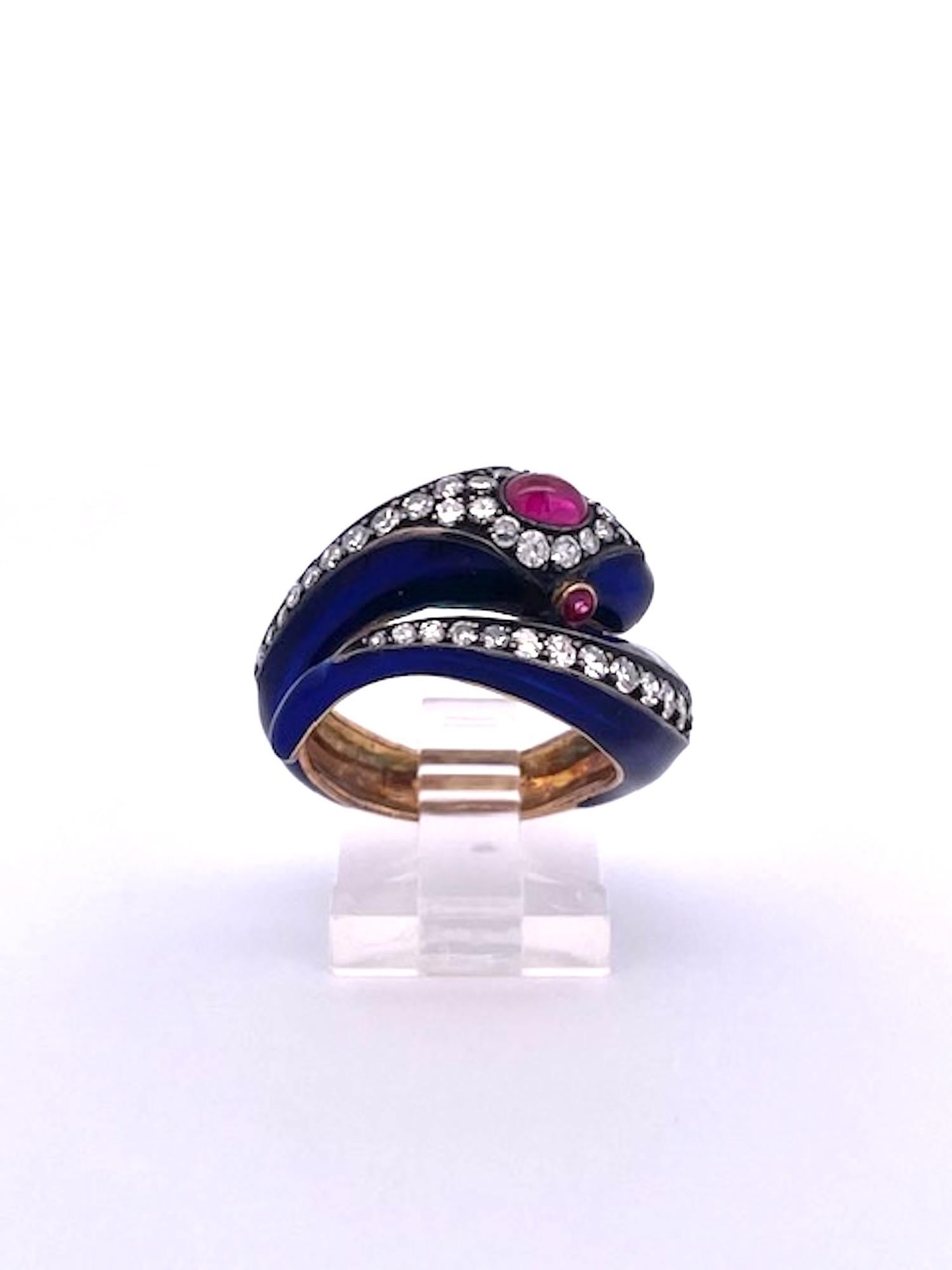 This 18K Snake Ring Cobalt Blue Enamel Rubies Diamonds  For Sale 2