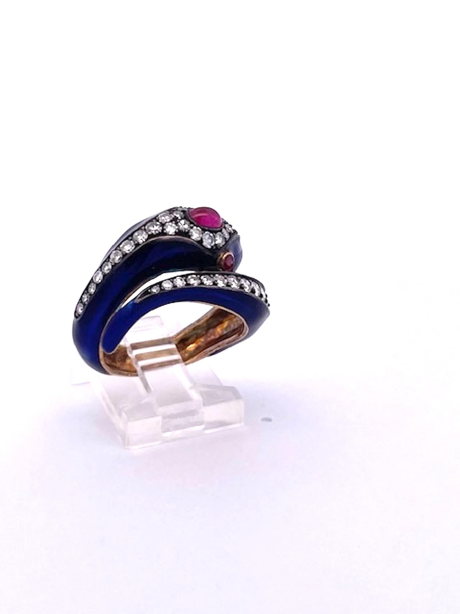This 18K Snake Ring Cobalt Blue Enamel Rubies Diamonds  For Sale 3