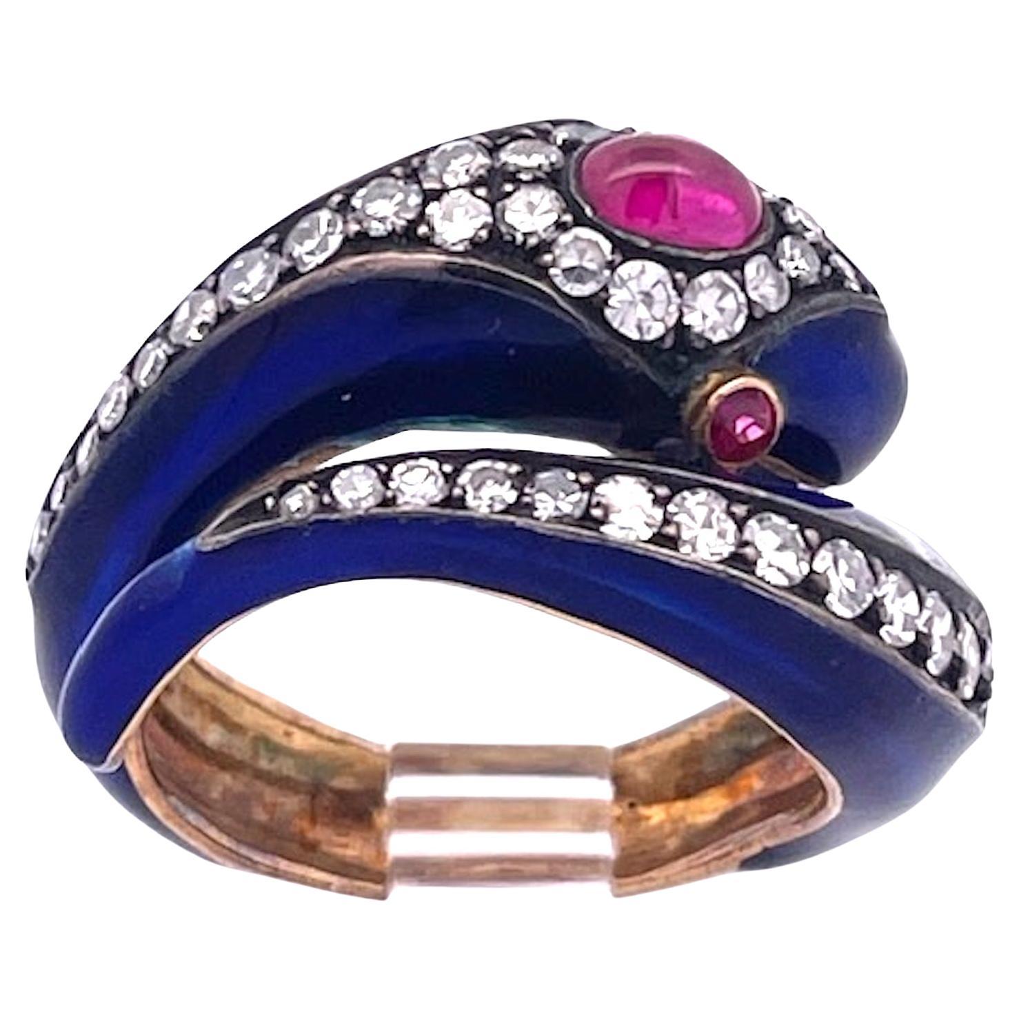 This 18K Snake Ring Cobalt Blue Enamel Rubies Diamonds  For Sale