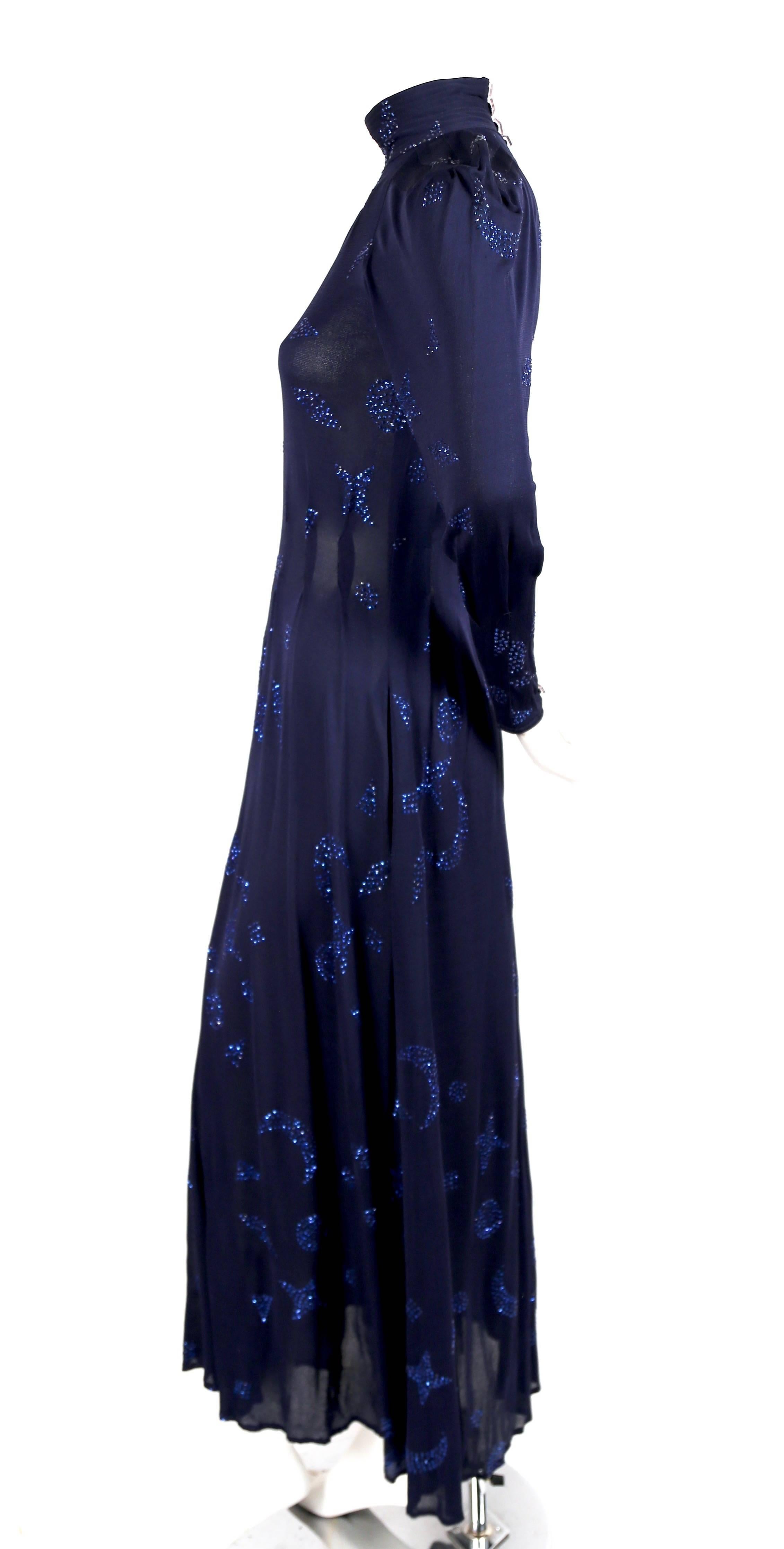 This 1970's JEAN MUIR blue jersey dress with stars and moons  In Excellent Condition In San Fransisco, CA