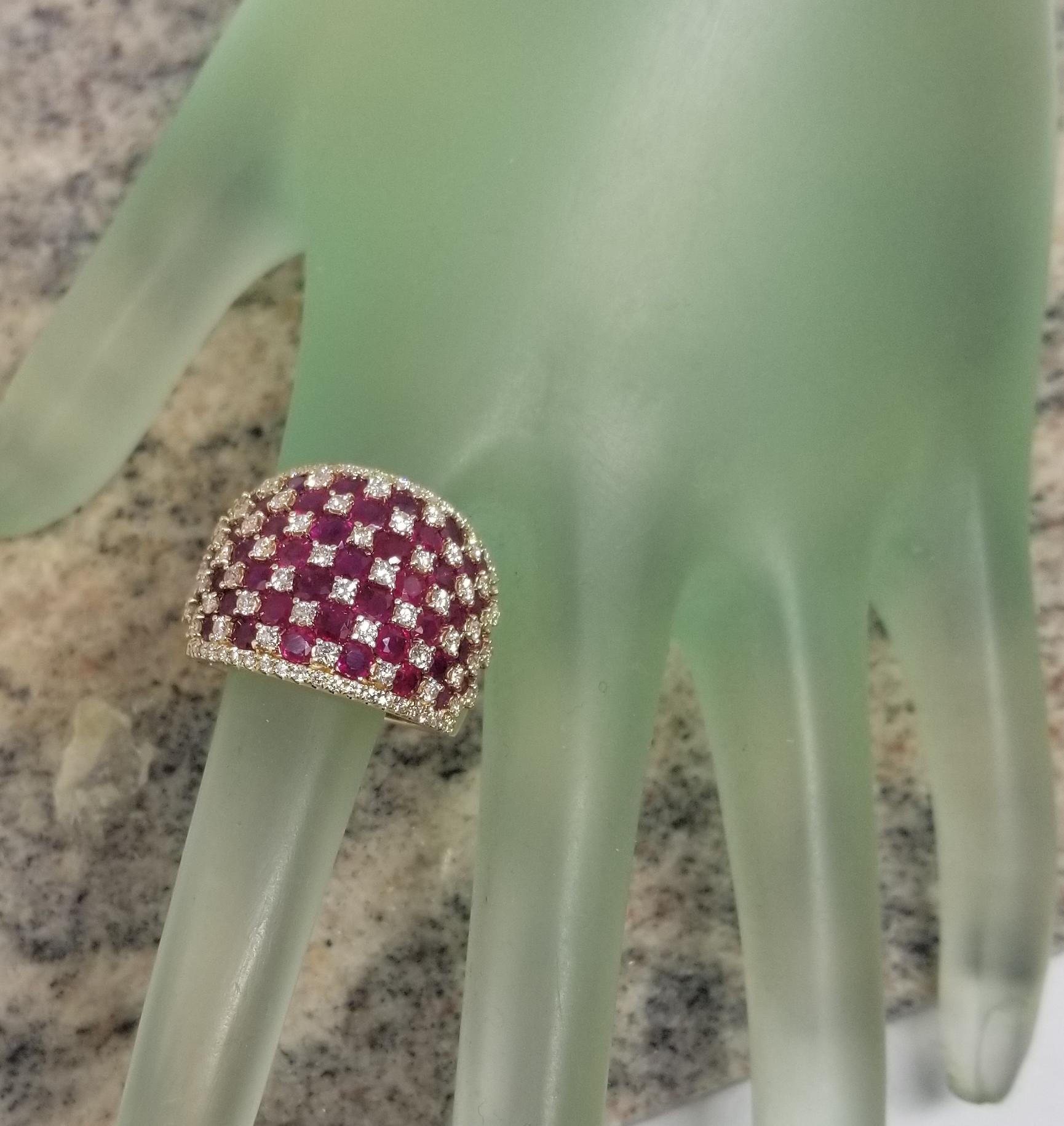 This Beautiful Vintage 14k Yellow Gold Ruby and Diamond Checkerboard Ring For Sale 4