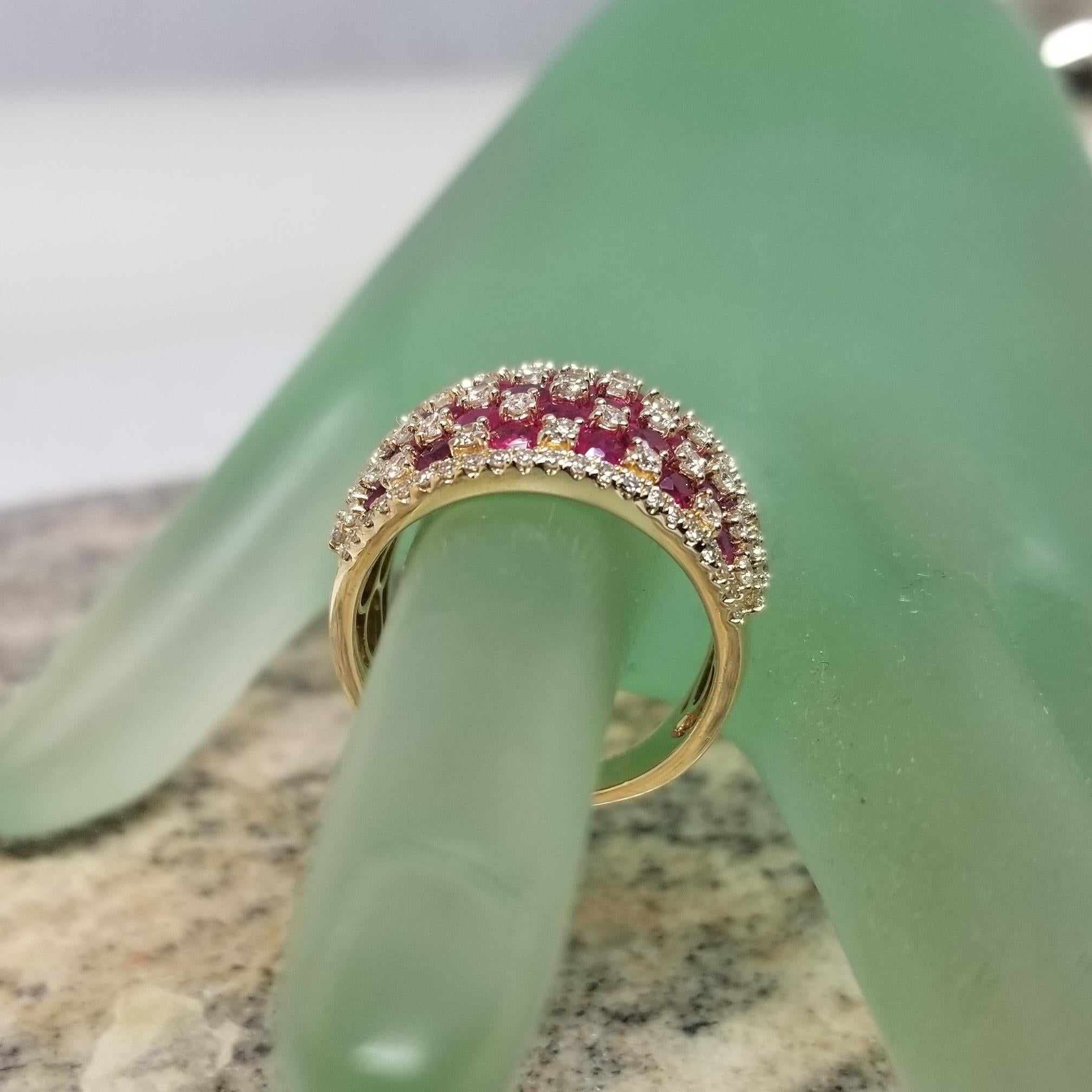 This Beautiful Vintage 14k Yellow Gold Ruby and Diamond Checkerboard Ring For Sale 5