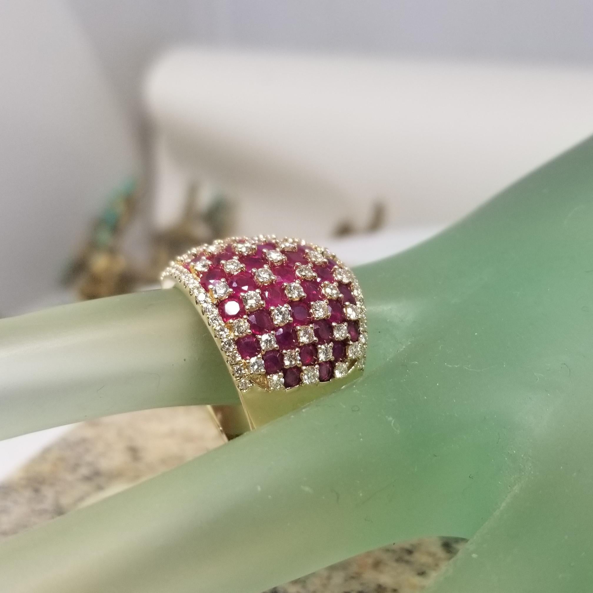 This Beautiful Vintage 14k Yellow Gold Ruby and Diamond Checkerboard Ring For Sale 3