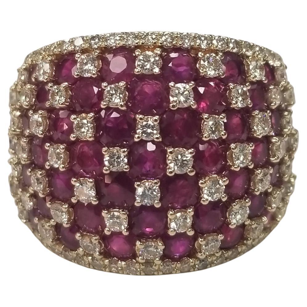This Beautiful Vintage 14k Yellow Gold Ruby and Diamond Checkerboard Ring For Sale