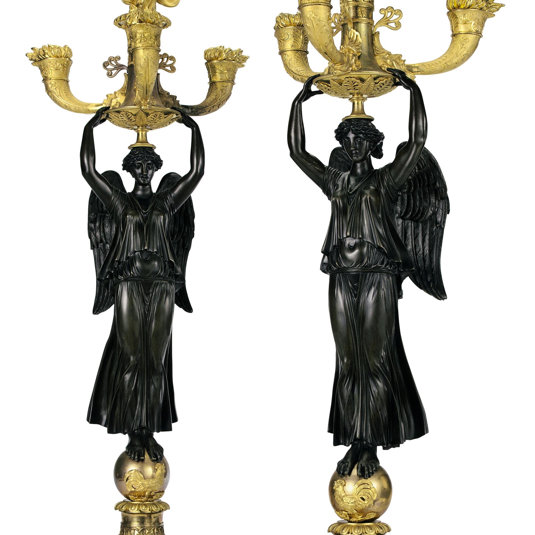 French  This exquisite pair of Empire four light Candelabras with Cornucopia Motif  For Sale