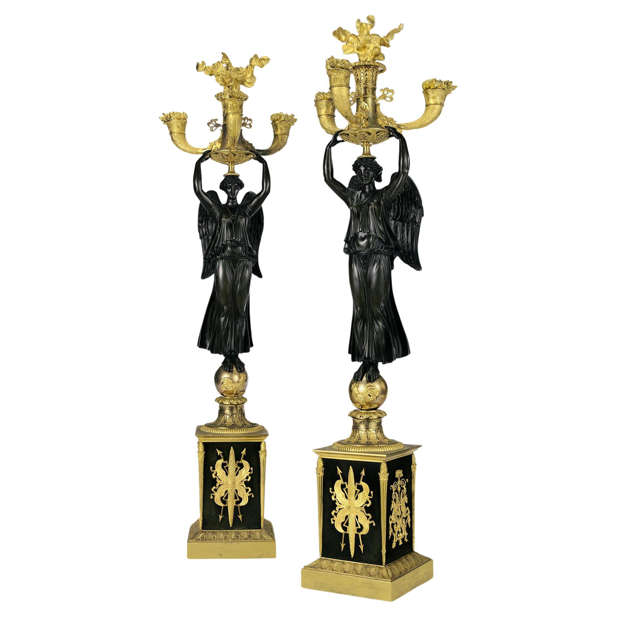 This exquisite pair of Empire four light Candelabras with Cornucopia Motif For Sale