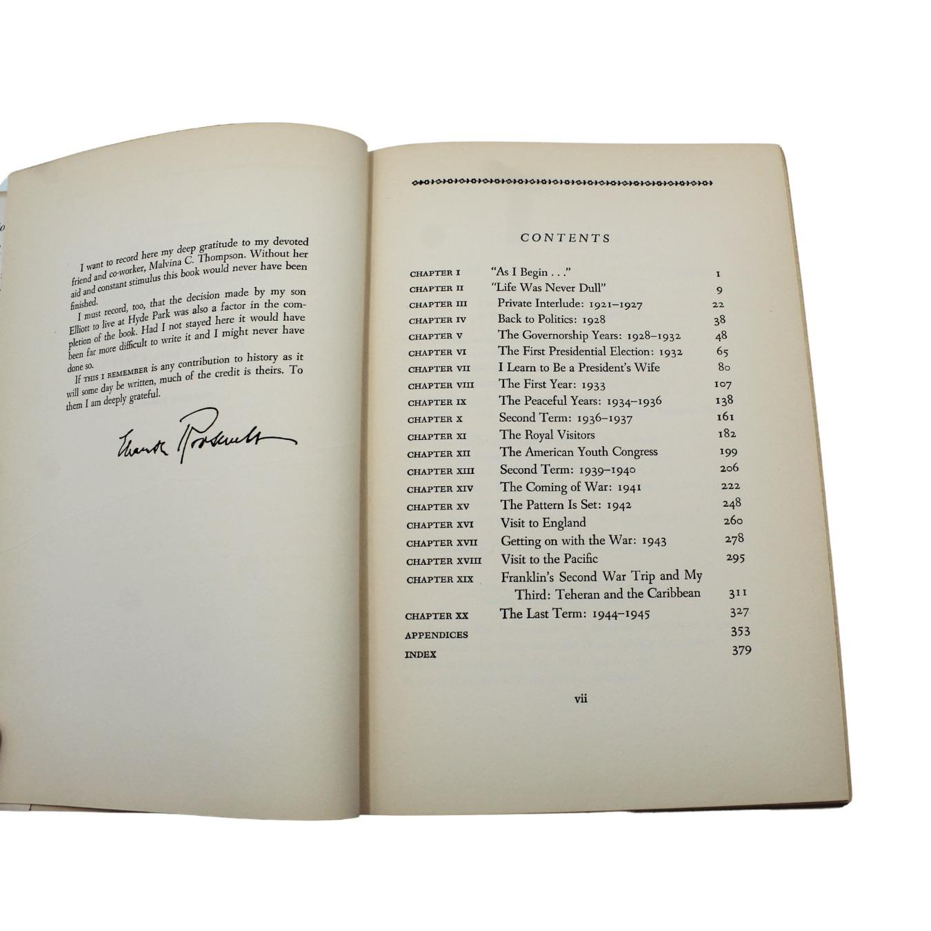Papier Ce que je me souviens, signé et inscrit par Eleanor Roosevelt, première édition, 1949 en vente