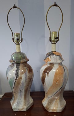 Pair Mid-Century Modern Marble-Glazed Ceramic Ginger Jar Style Table Lamps