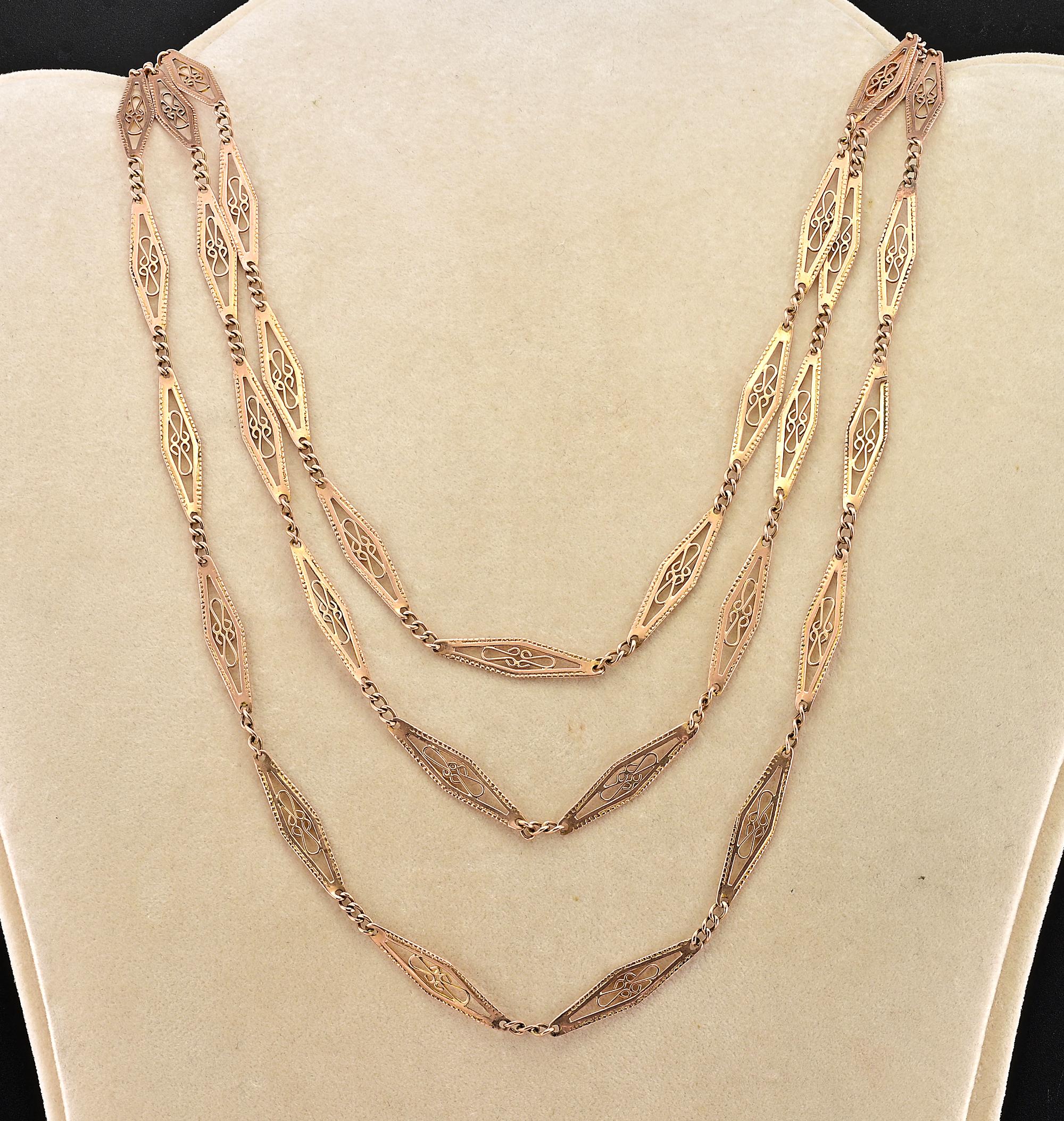 This rare and beautiful Art Nouveau period chain necklace is 1905 ca
Solid 9 KT rose gold weighs 26.3 grams
Magnificent example totally hand made by skillful workmanship of the past times, made of fascinating openwork in the shape of elongated