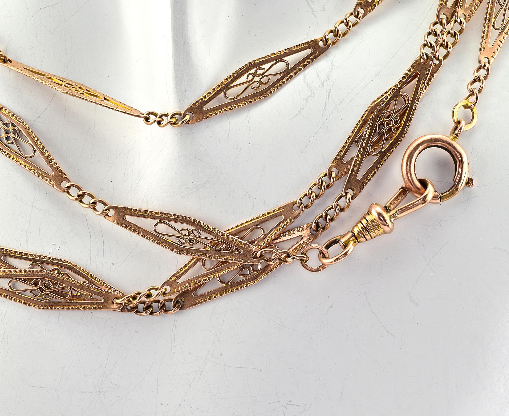 This rare and beautiful Art Nouveau period chain necklace is 1905 ca Solid 9 KT  For Sale 3