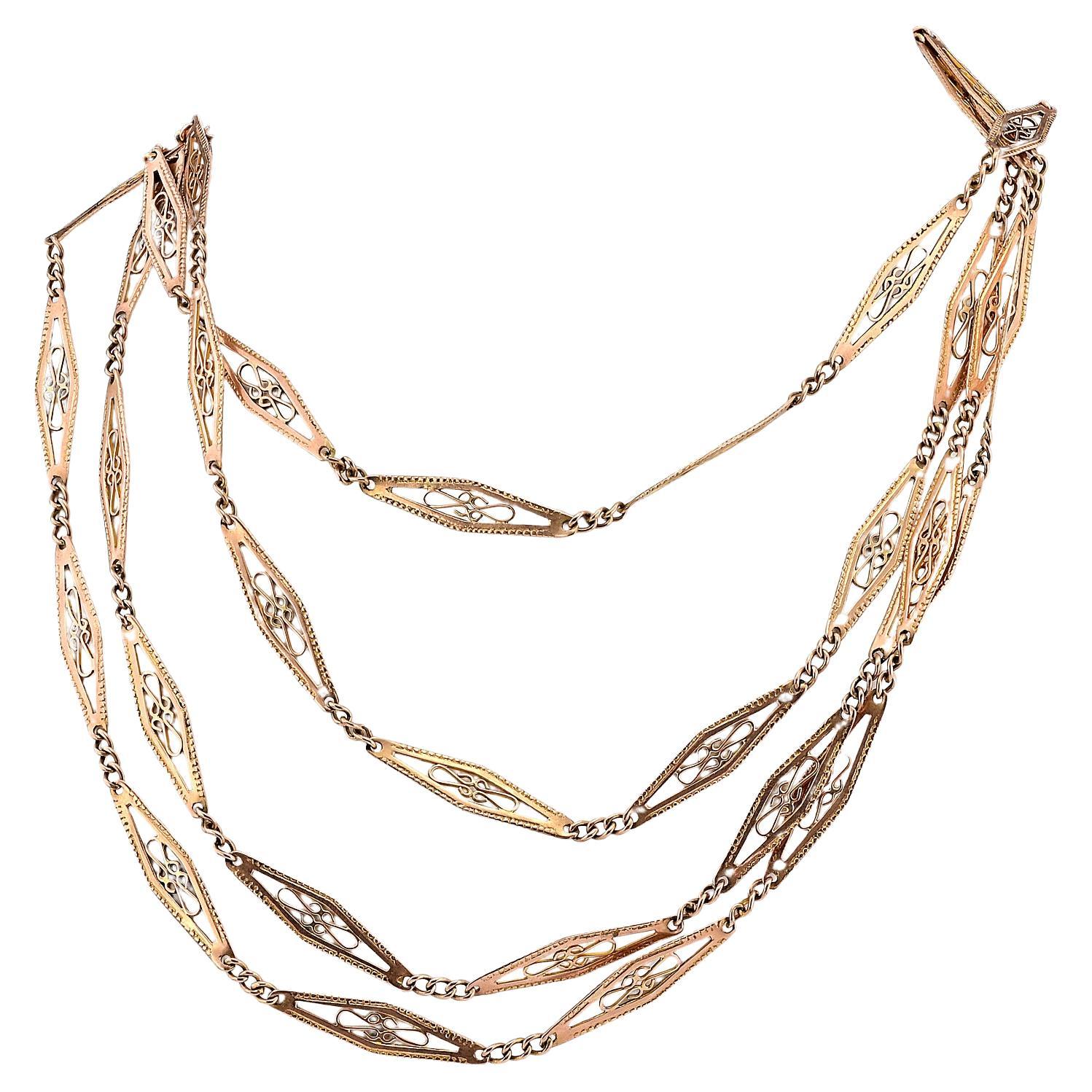 This rare and beautiful Art Nouveau period chain necklace is 1905 ca Solid 9 KT  For Sale