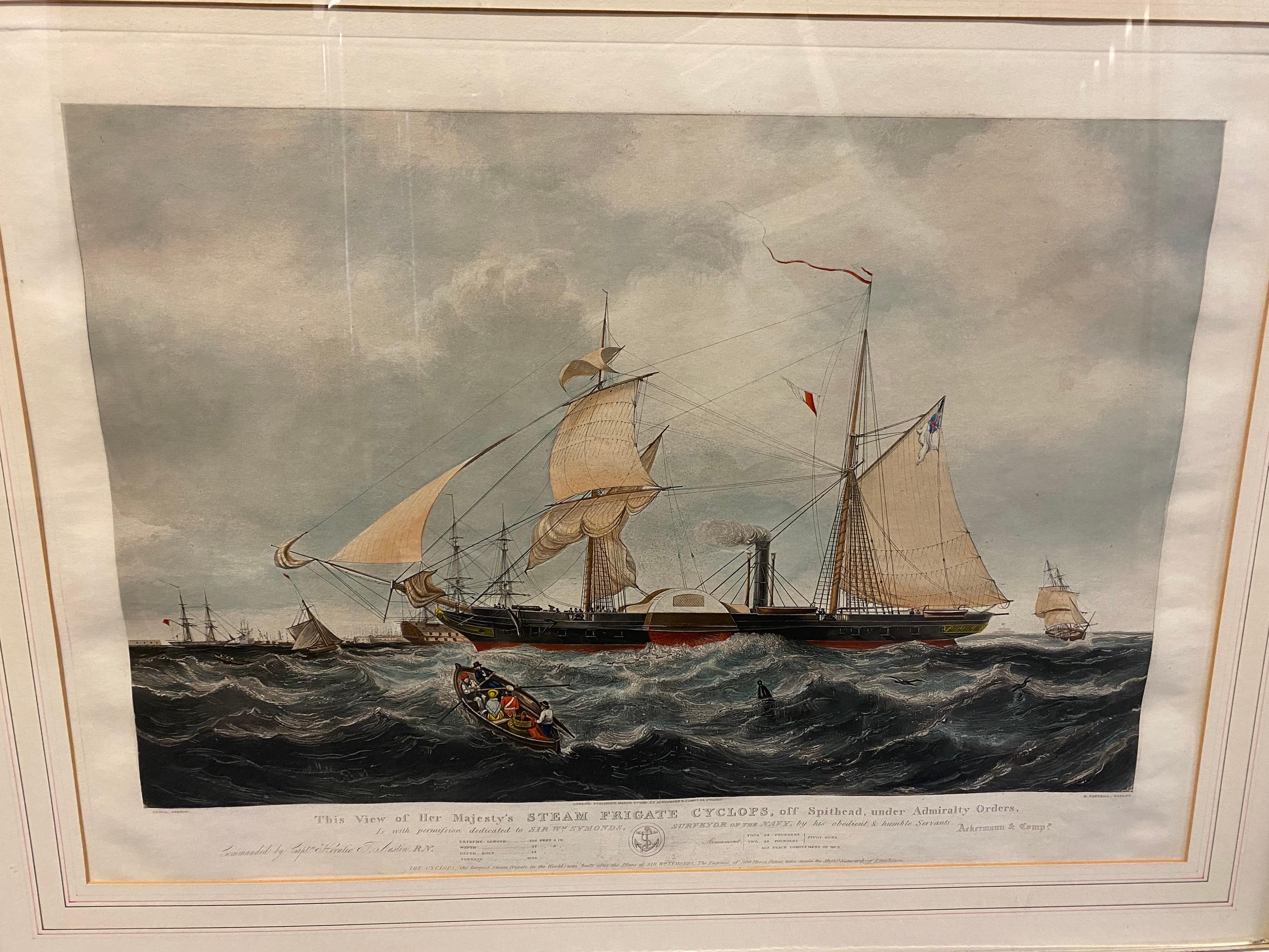 Antique Print of Her Majesty’s Steam Frigate 'Cyclops'
This View of Her Majesty's Steam Frigate Cyclops, off Spithead under Admiralty Orders, Is with permission dedicated to Sir W.m Symonds, Surveyor of the Navy, by his obedient & humble Servants,