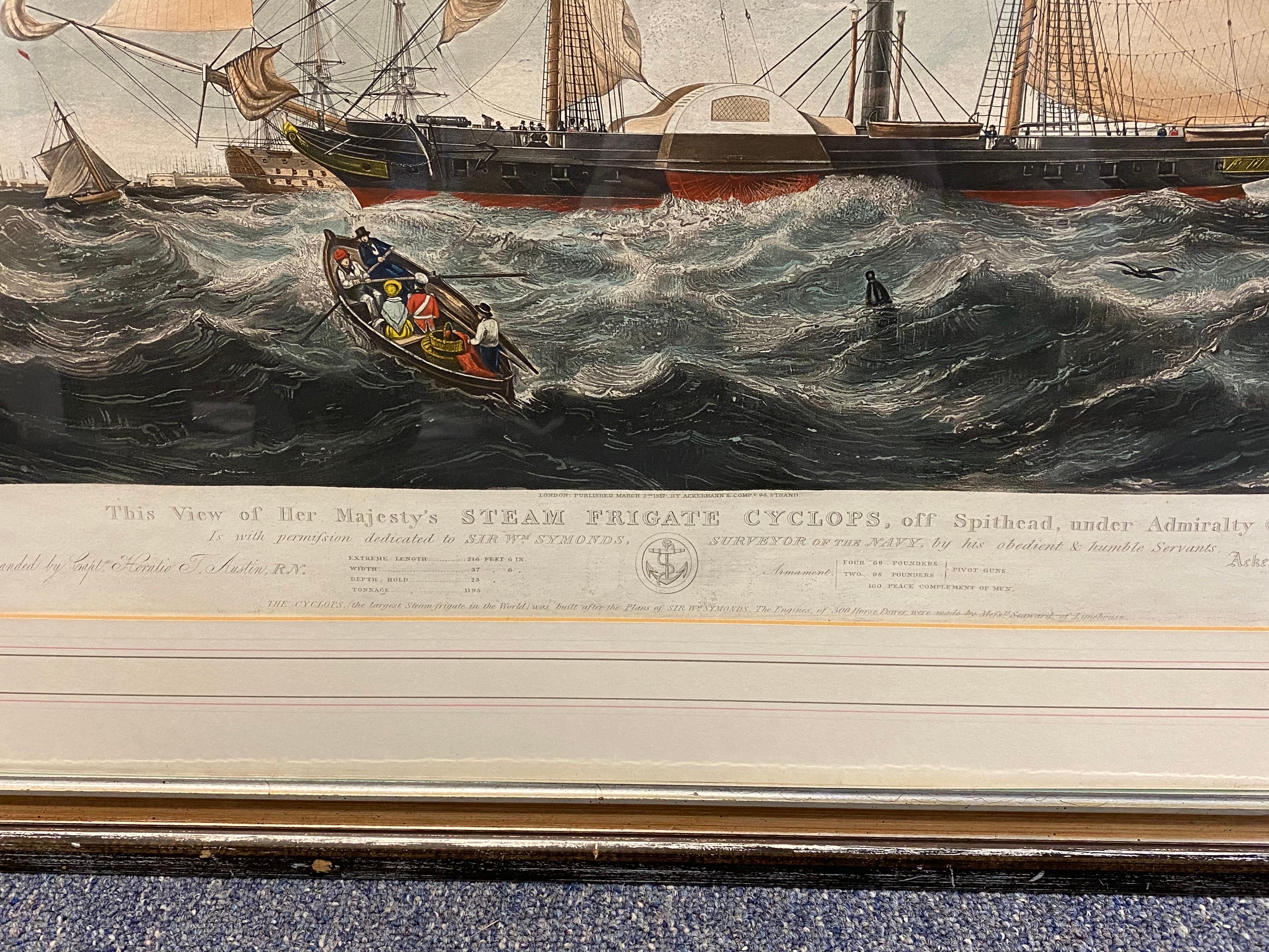 Hand-Painted This View of Her Majesty's Steam Frigate 'Cyclops', Aquatint Print by Ackermann
