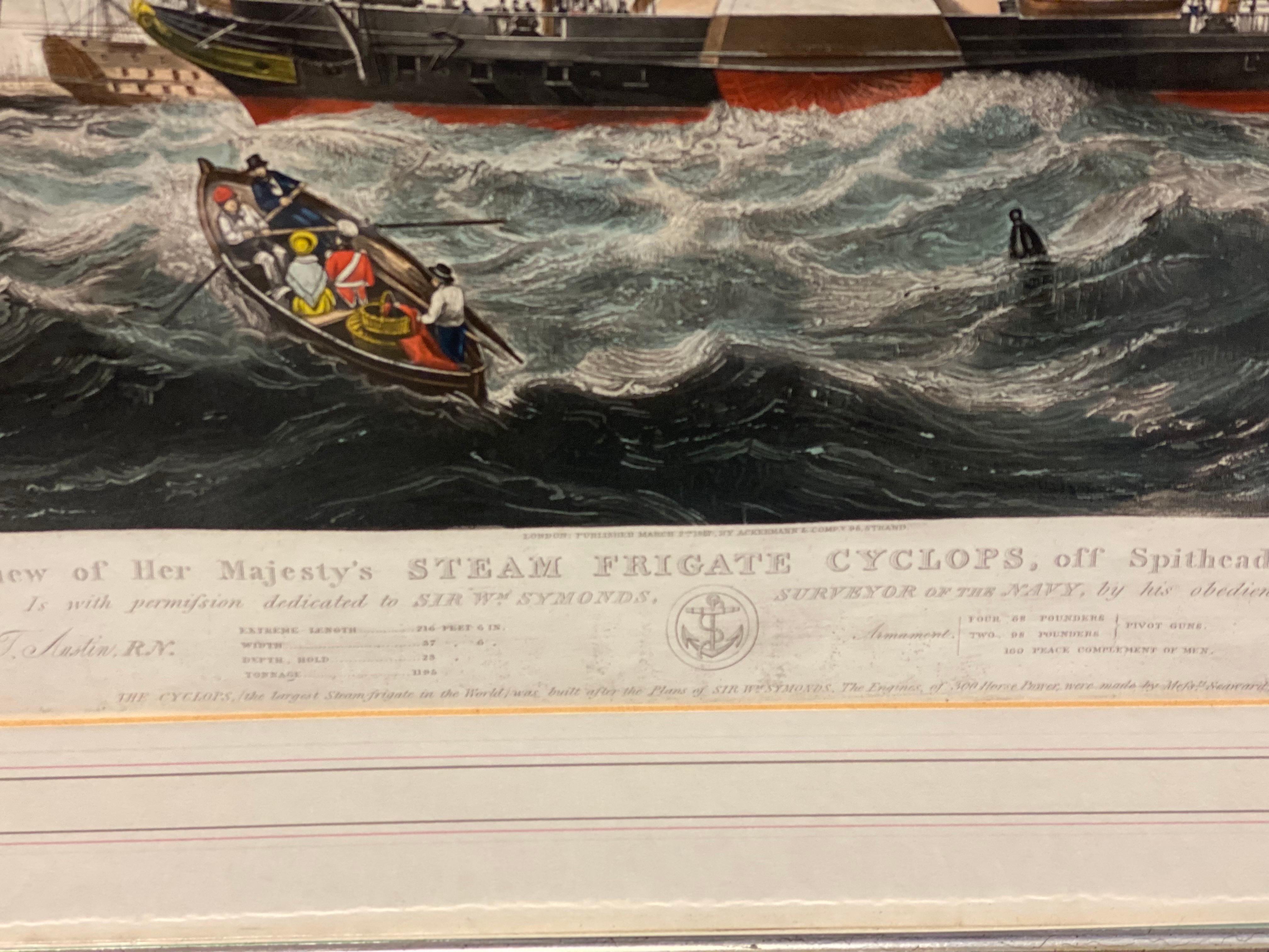 This View of Her Majesty's Steam Frigate 'Cyclops', Aquatint Print by Ackermann In Good Condition In Southampton, NY