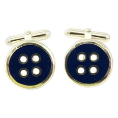 Thistle and Bee Sterling Silver Blue Enamel Button Cufflinks