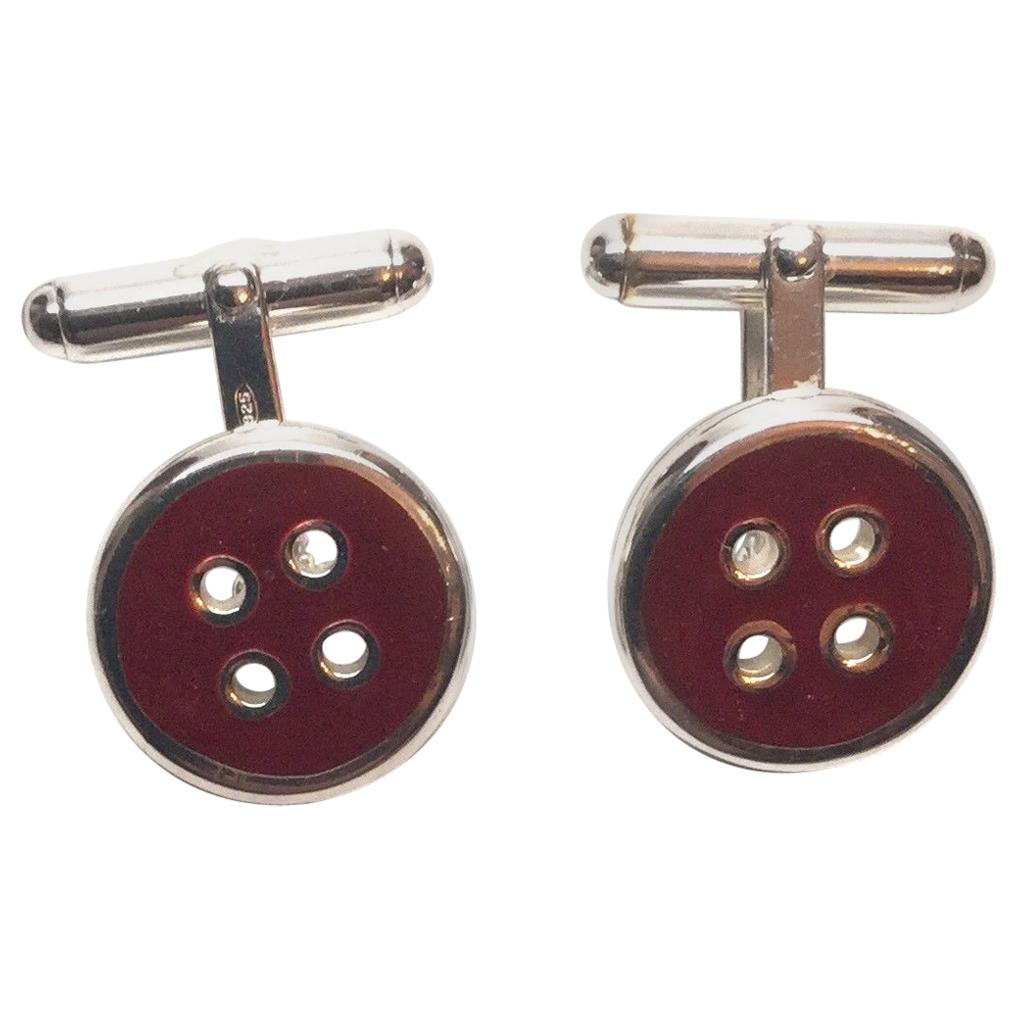 Thistle and Bee Sterling Silver Red Enamel Button Cufflinks