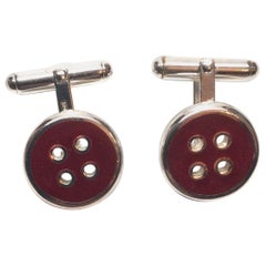 Vintage Thistle and Bee Sterling Silver Red Enamel Button Cufflinks