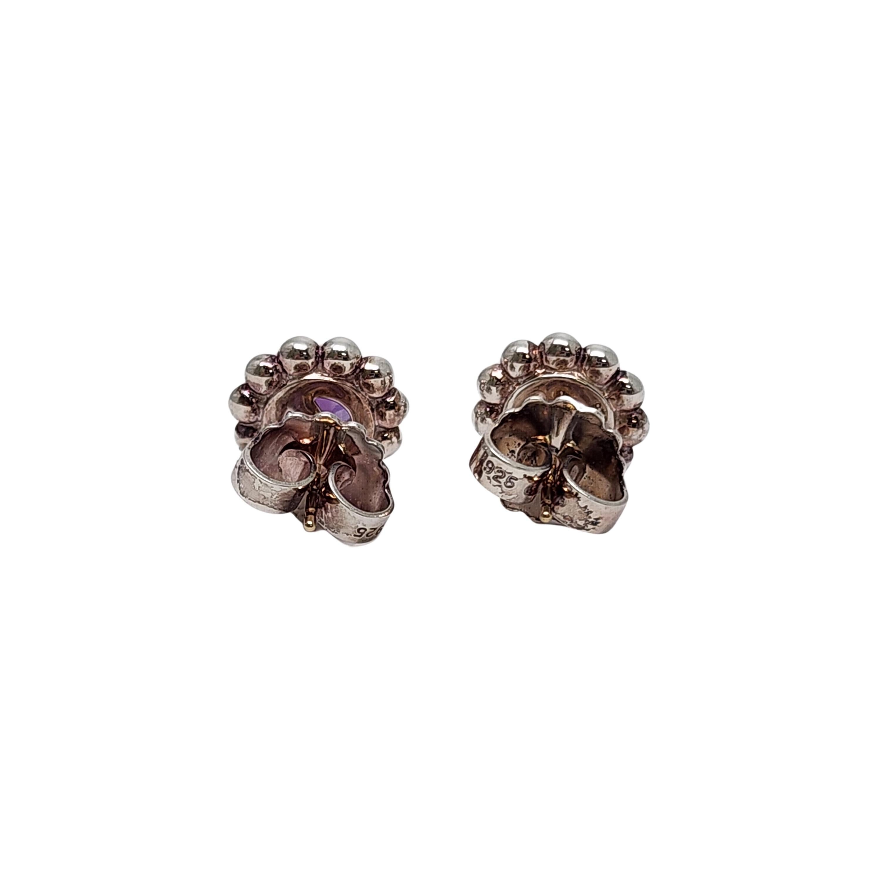 Round Cut Thistle & Bee Sterling Silver Amethyst Flower Stud Earrings #17367 For Sale