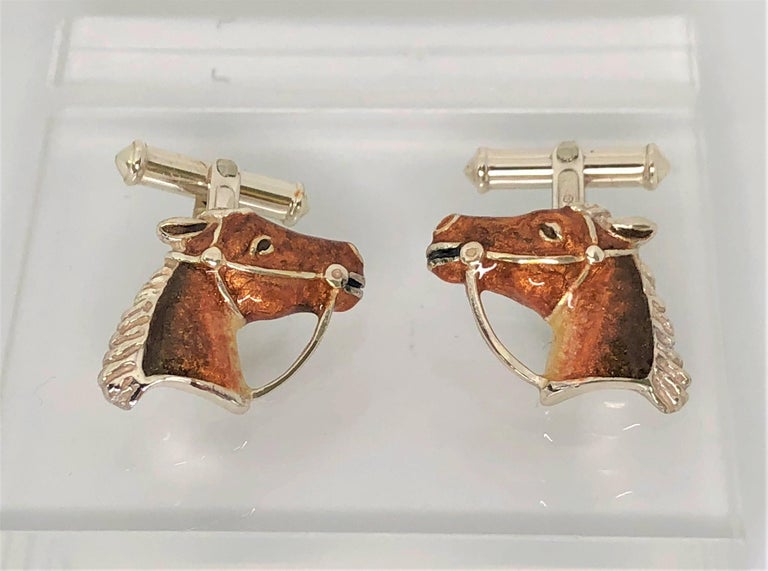 For the horse lover- these will get lots of attention!
By designer Thistle & Bee 
Brown enamel and sterling silver horse head cufflinks
Stamped 