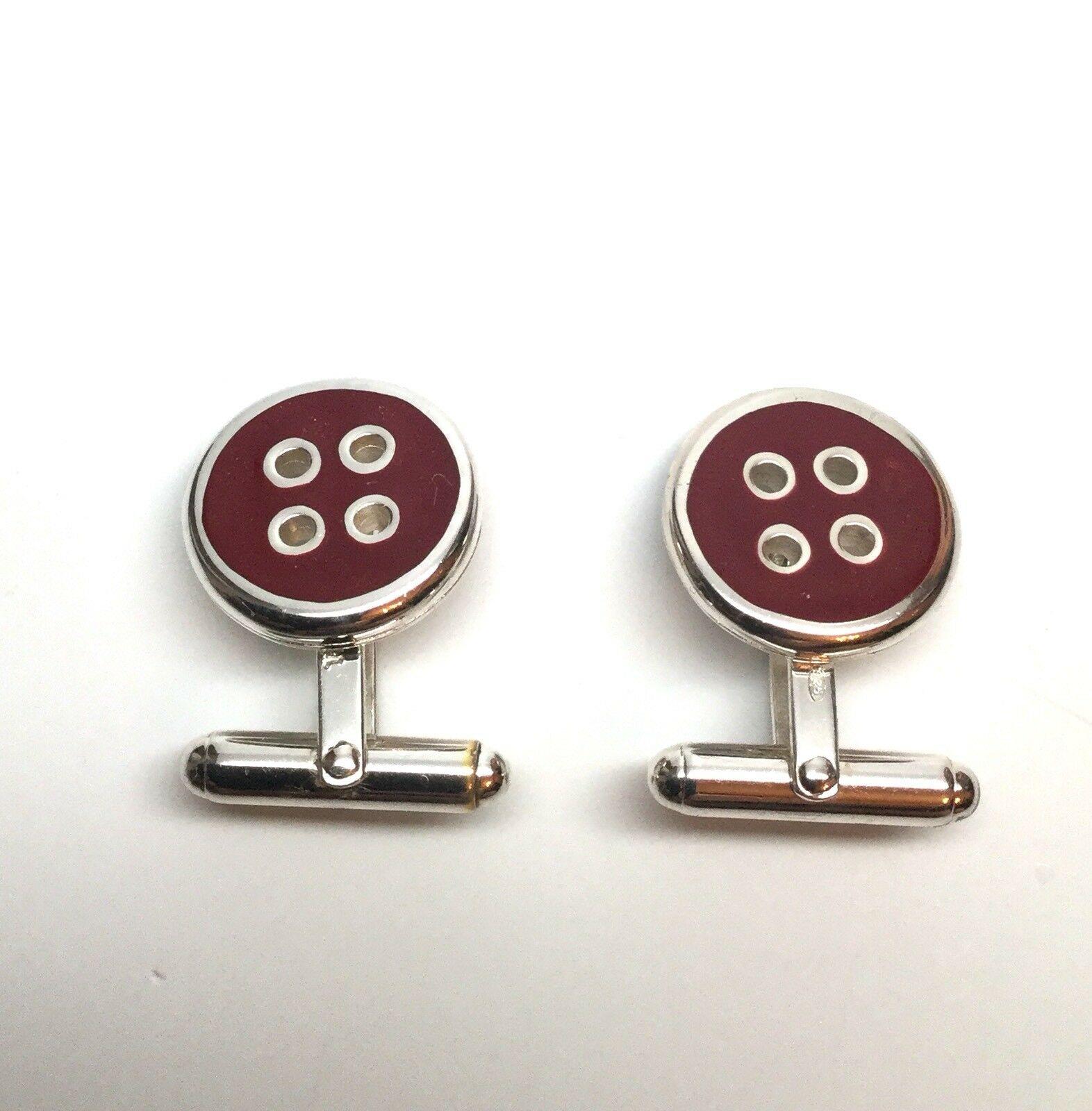 Thistle and Bee Sterling Silver Red Enamel Button Cufflinks In Good Condition In Washington Depot, CT